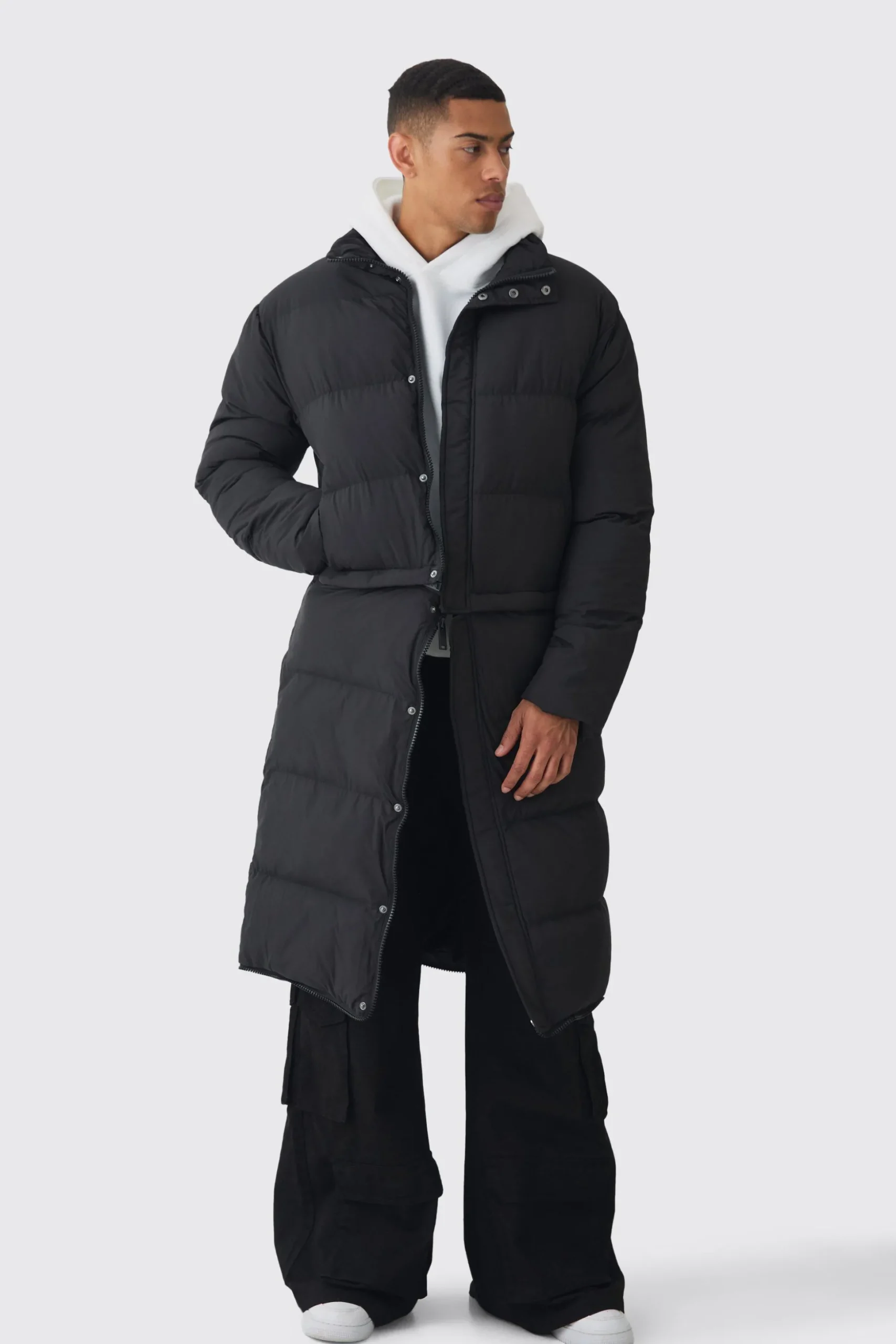 3 In 1 Longline Puffer With Detachable Bag In Black | BoohooMAN UK