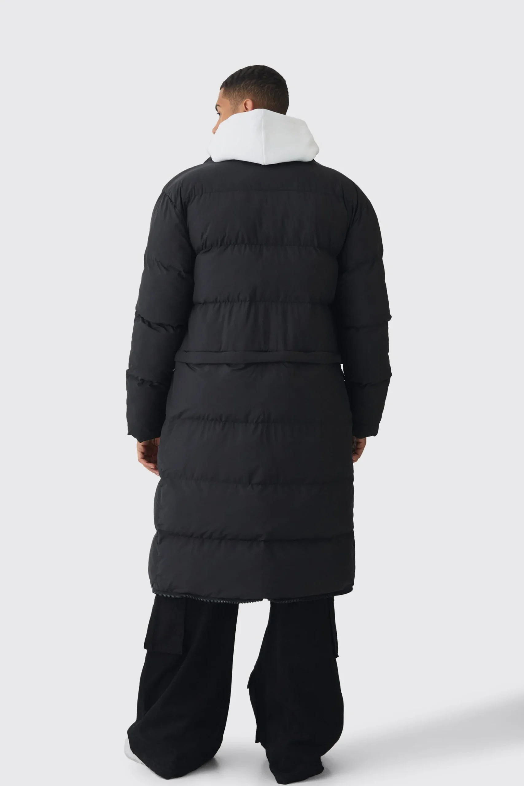 3 In 1 Longline Puffer With Detachable Bag In Black | BoohooMAN UK