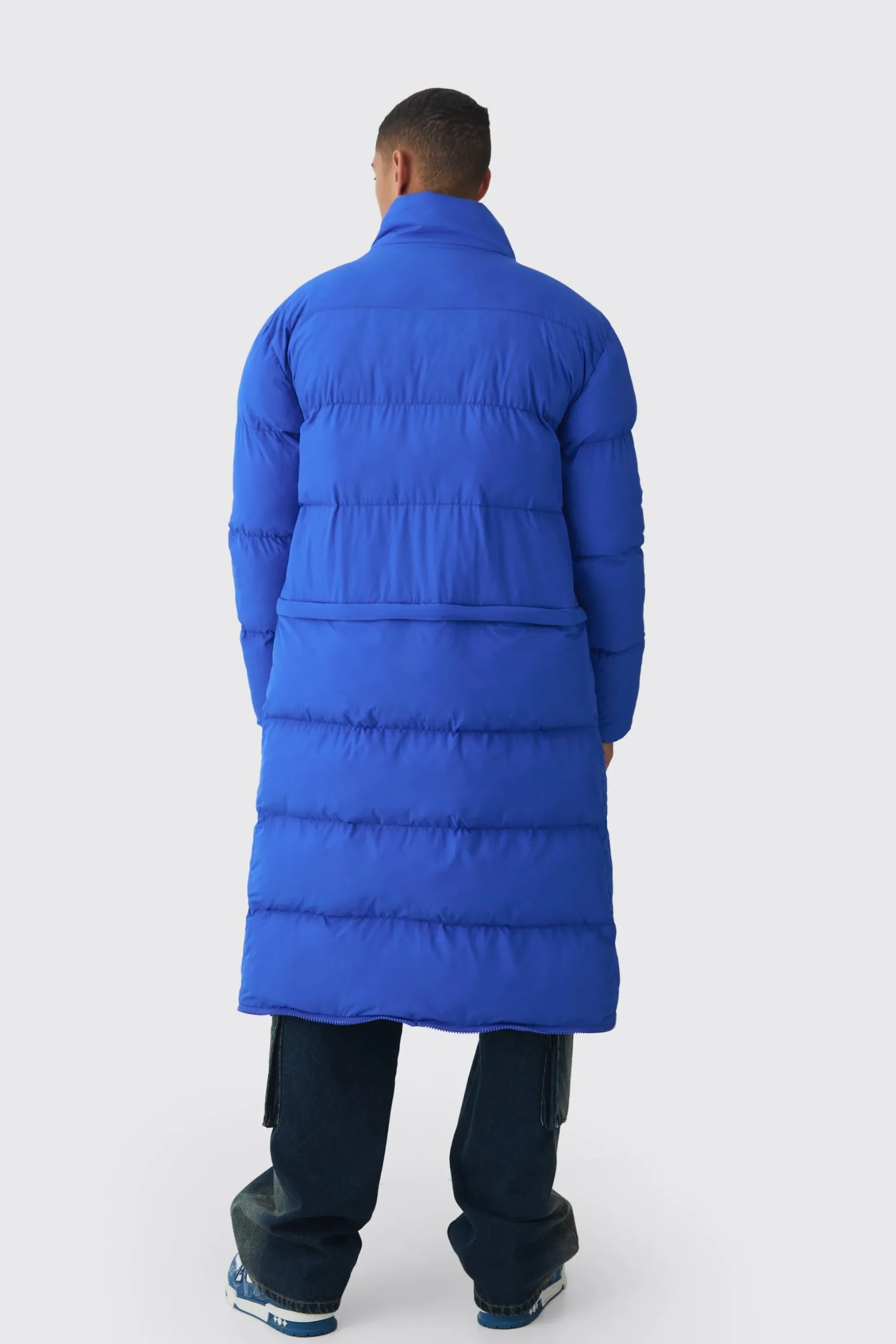 3 In 1 Longline Puffer With Detachable Bag In Blue | BoohooMAN UK