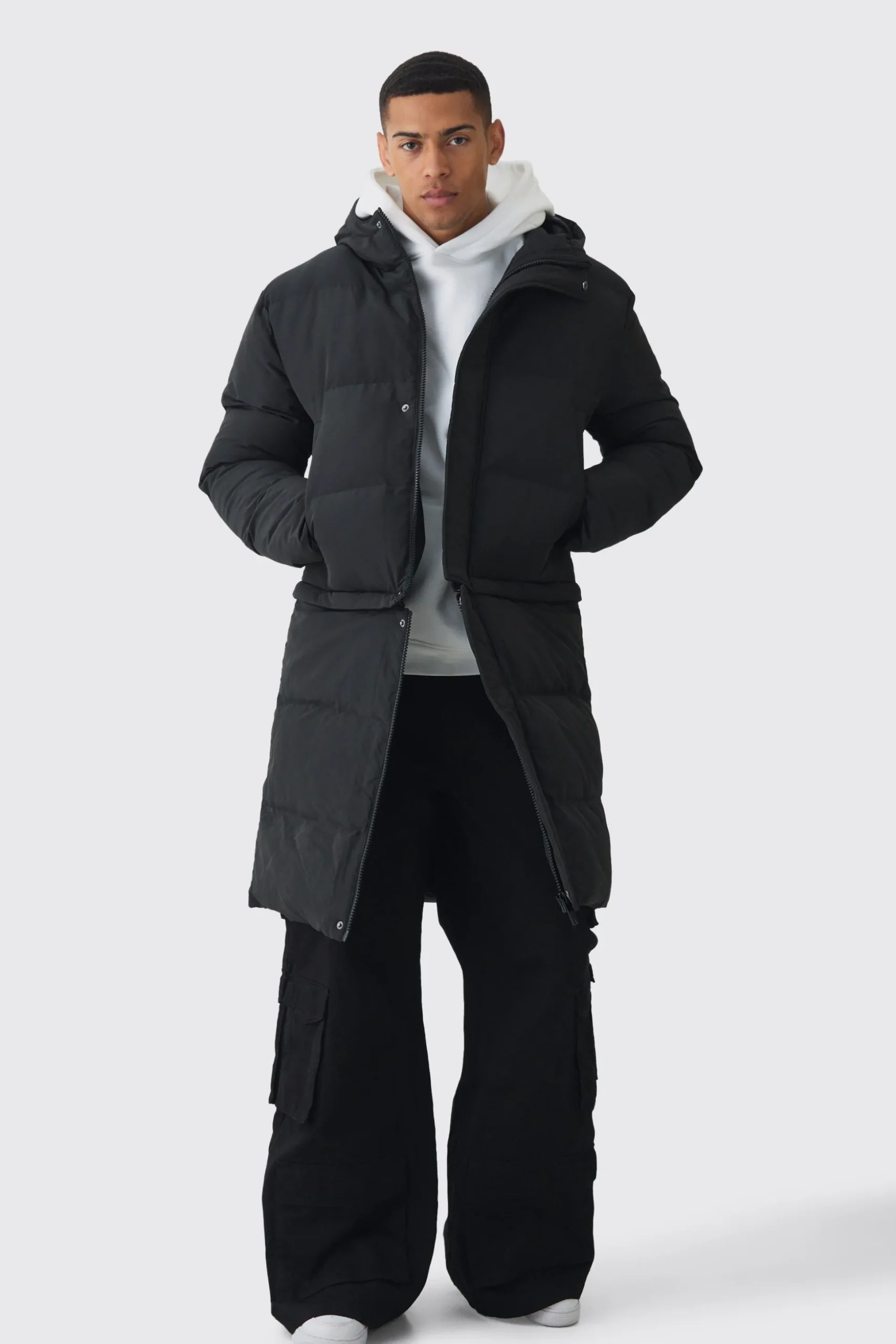 2 In 1 Zip Off Longline Puffer Coat In Black | BoohooMAN UK