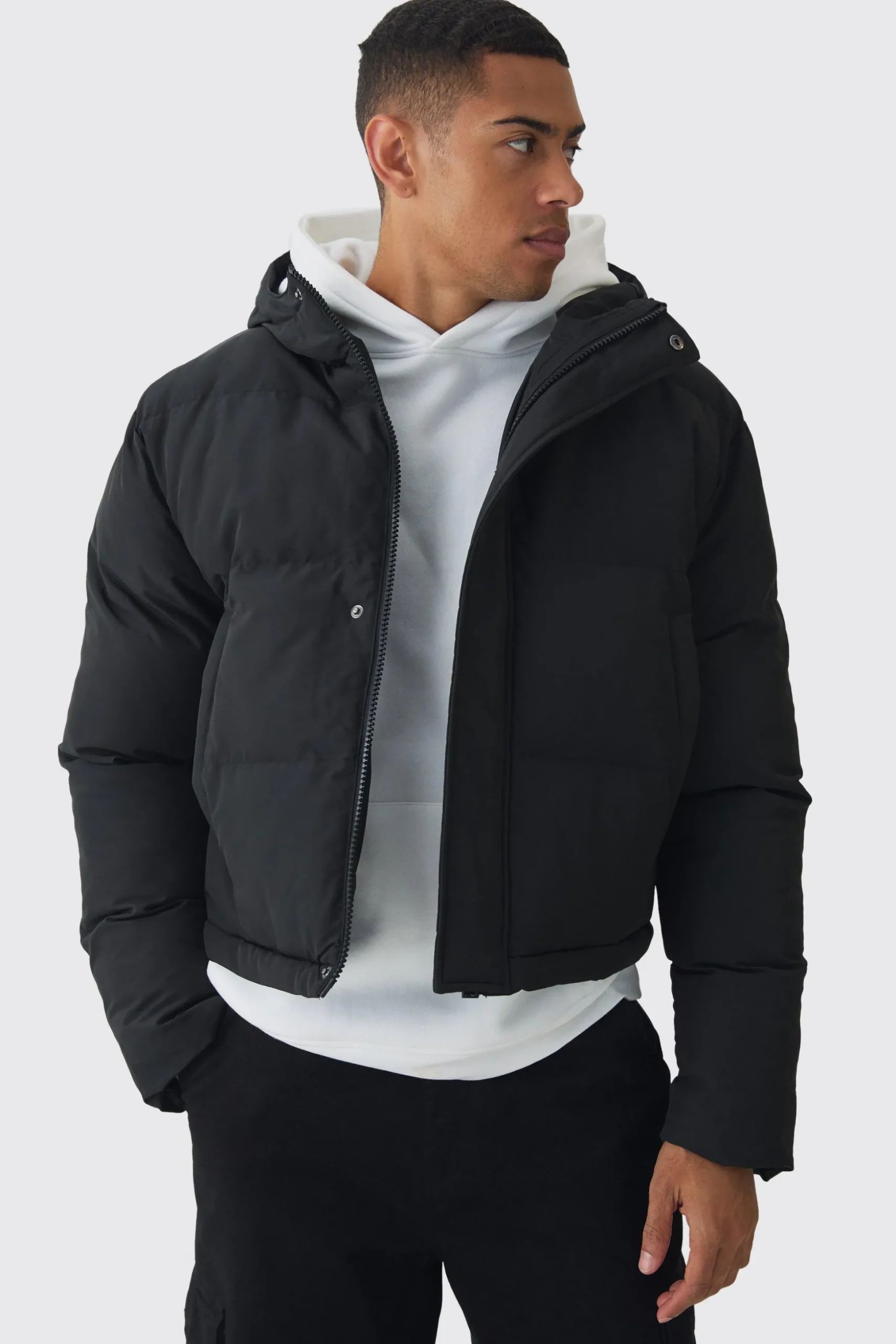 2 In 1 Zip Off Longline Puffer Coat In Black | BoohooMAN UK