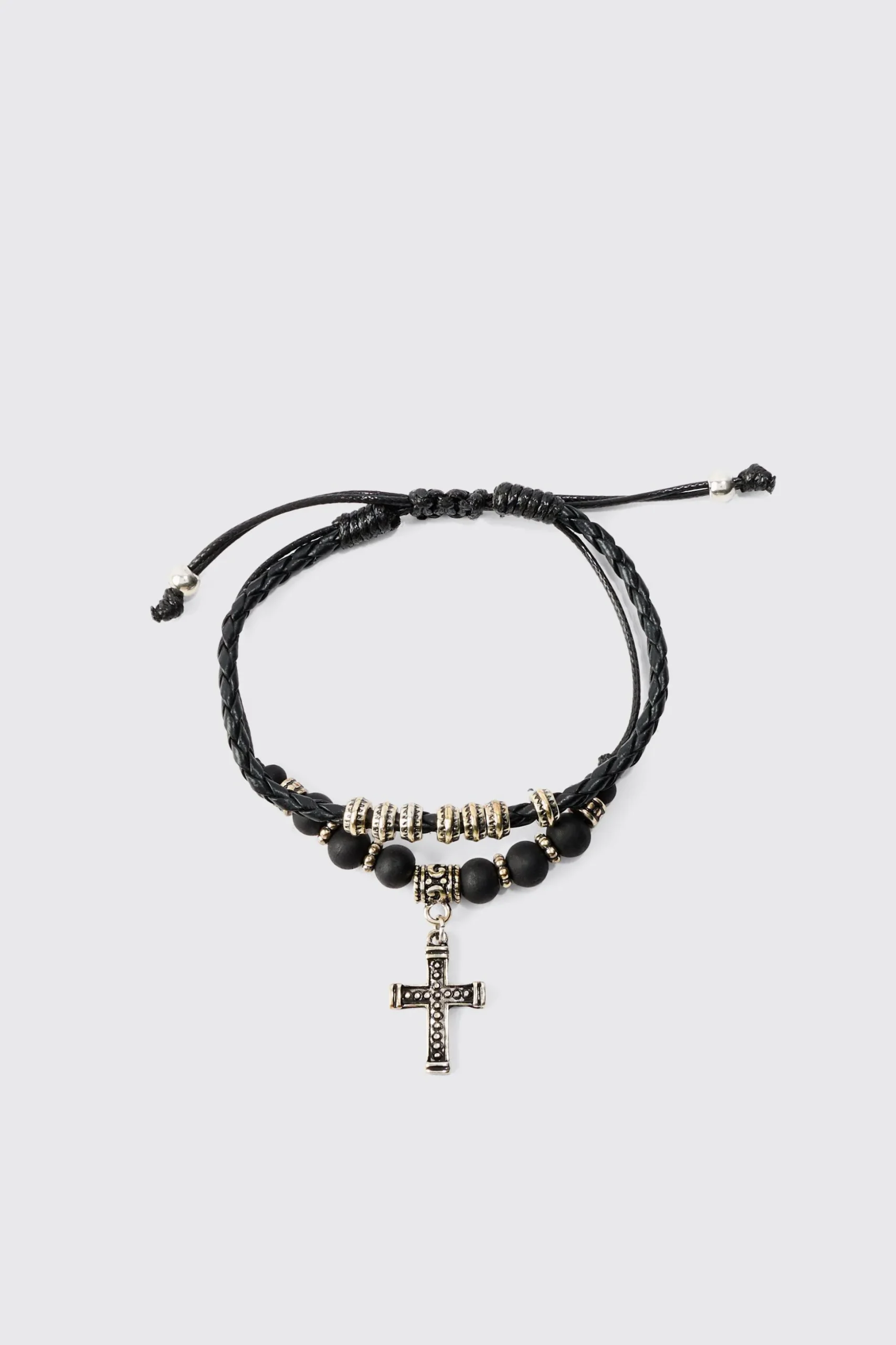 2 Pack Adjustable Cross Pendant Bracelets In Black | BoohooMAN UK