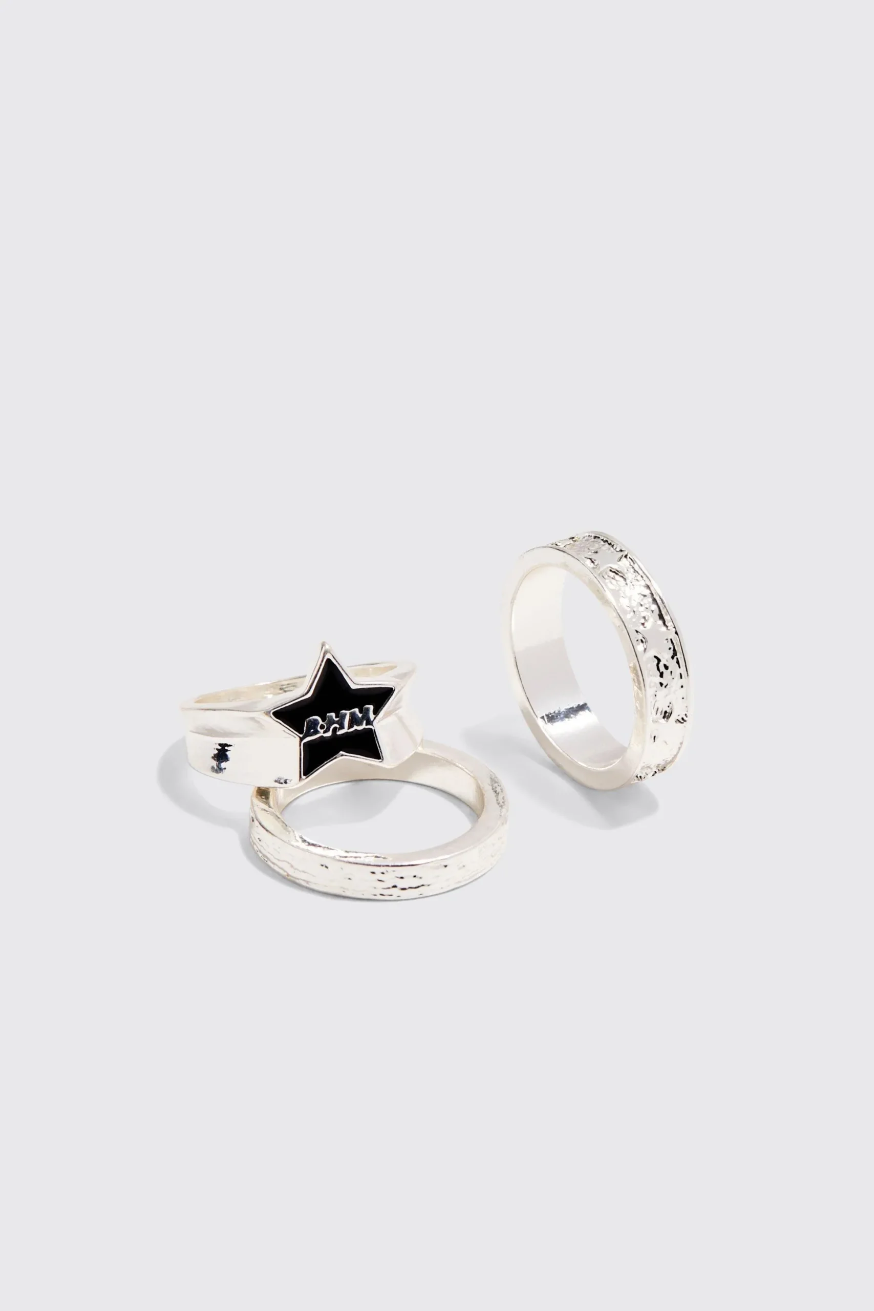 3 Pack BHM Star Rings In Silver | BoohooMAN UK
