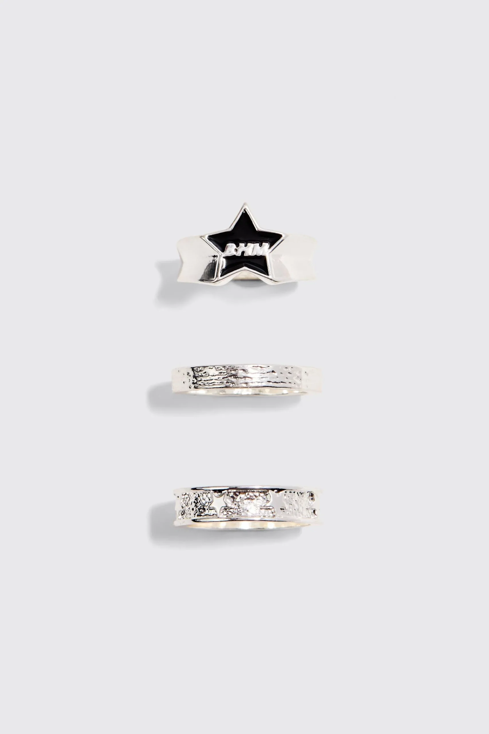 3 Pack BHM Star Rings In Silver | BoohooMAN UK