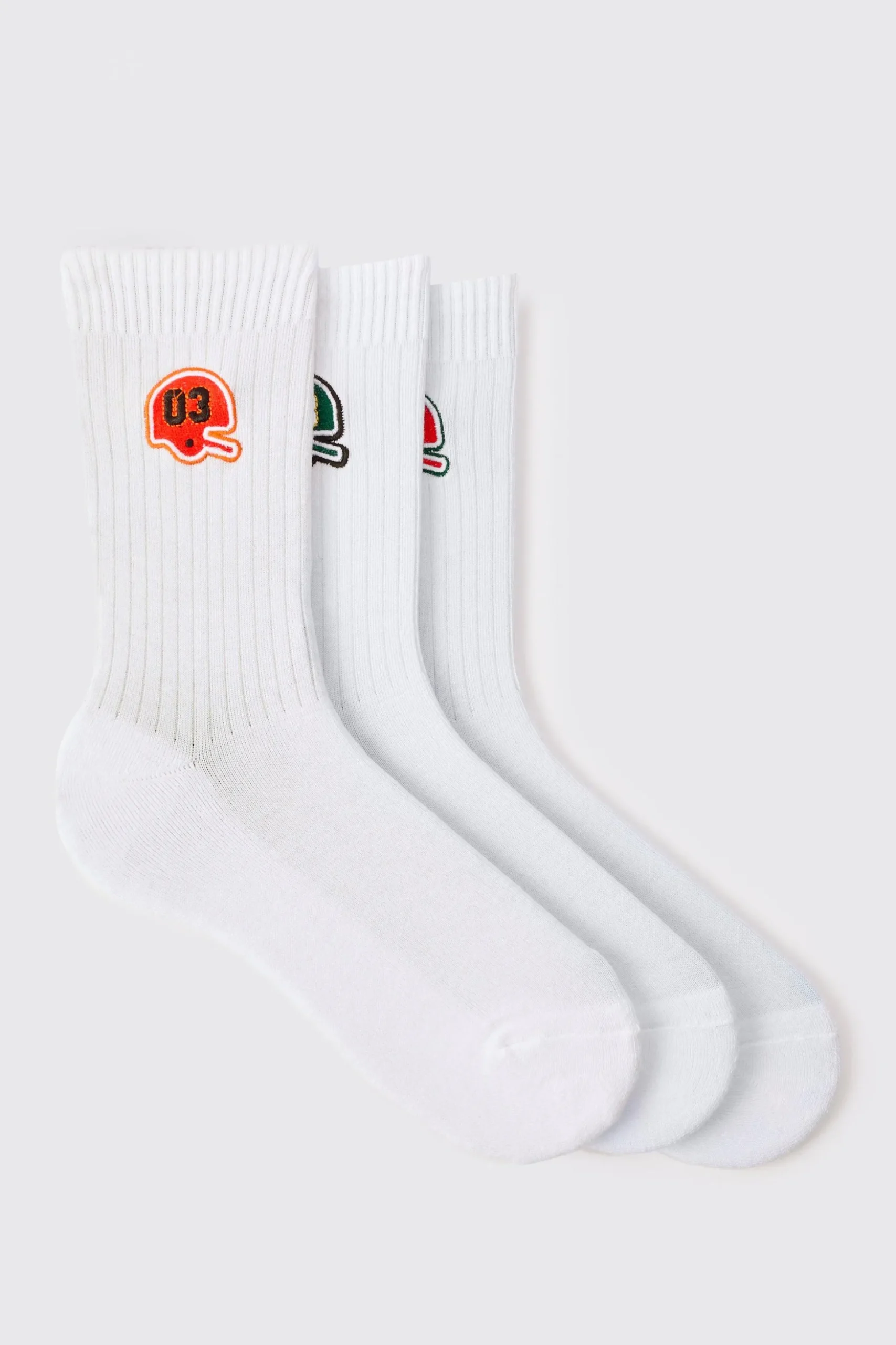3 Pack Embroidered Varsity Socks | BoohooMAN UK