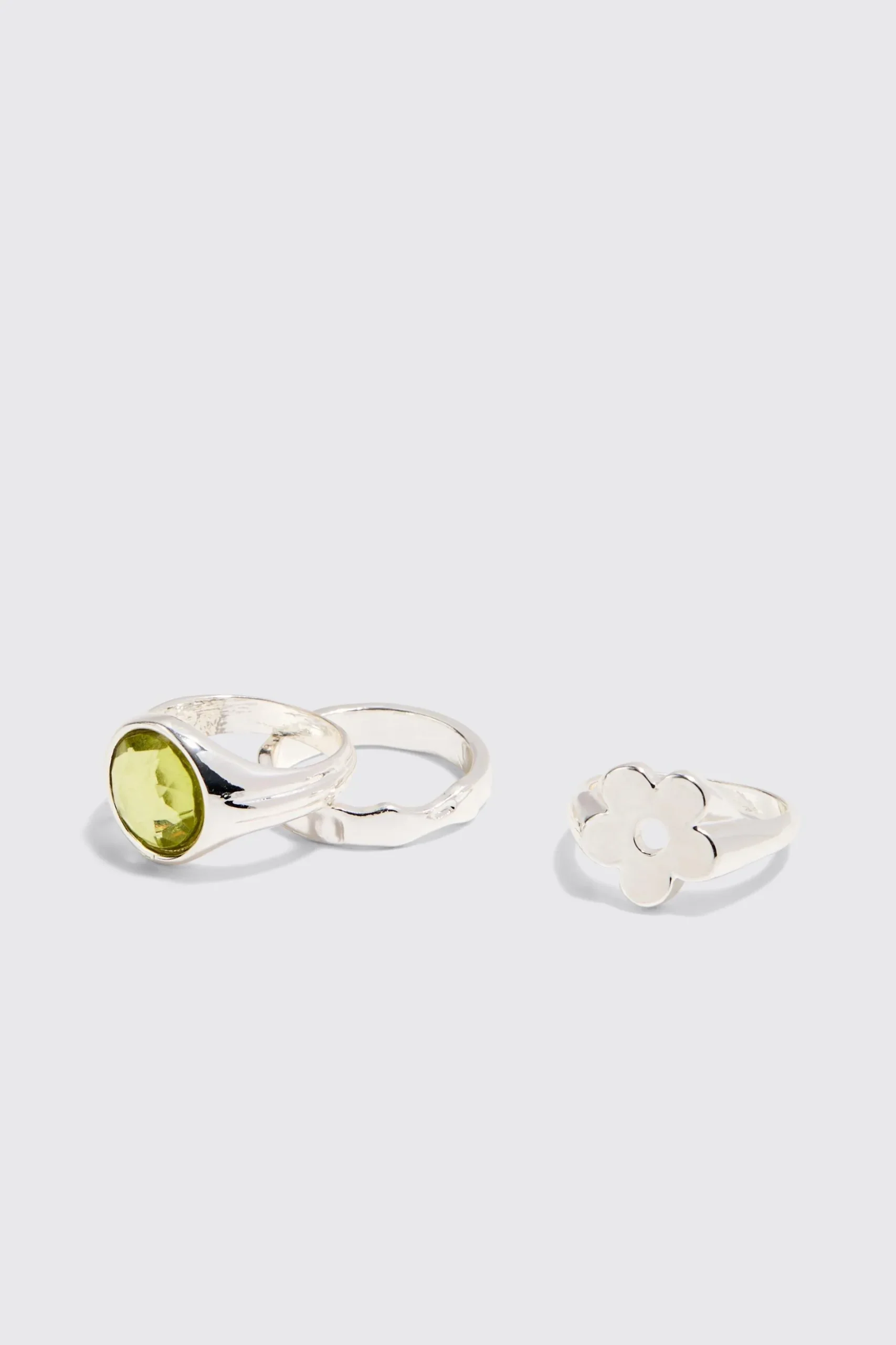 3 Pack Gem And Graphic Rings In Silver | BoohooMAN UK