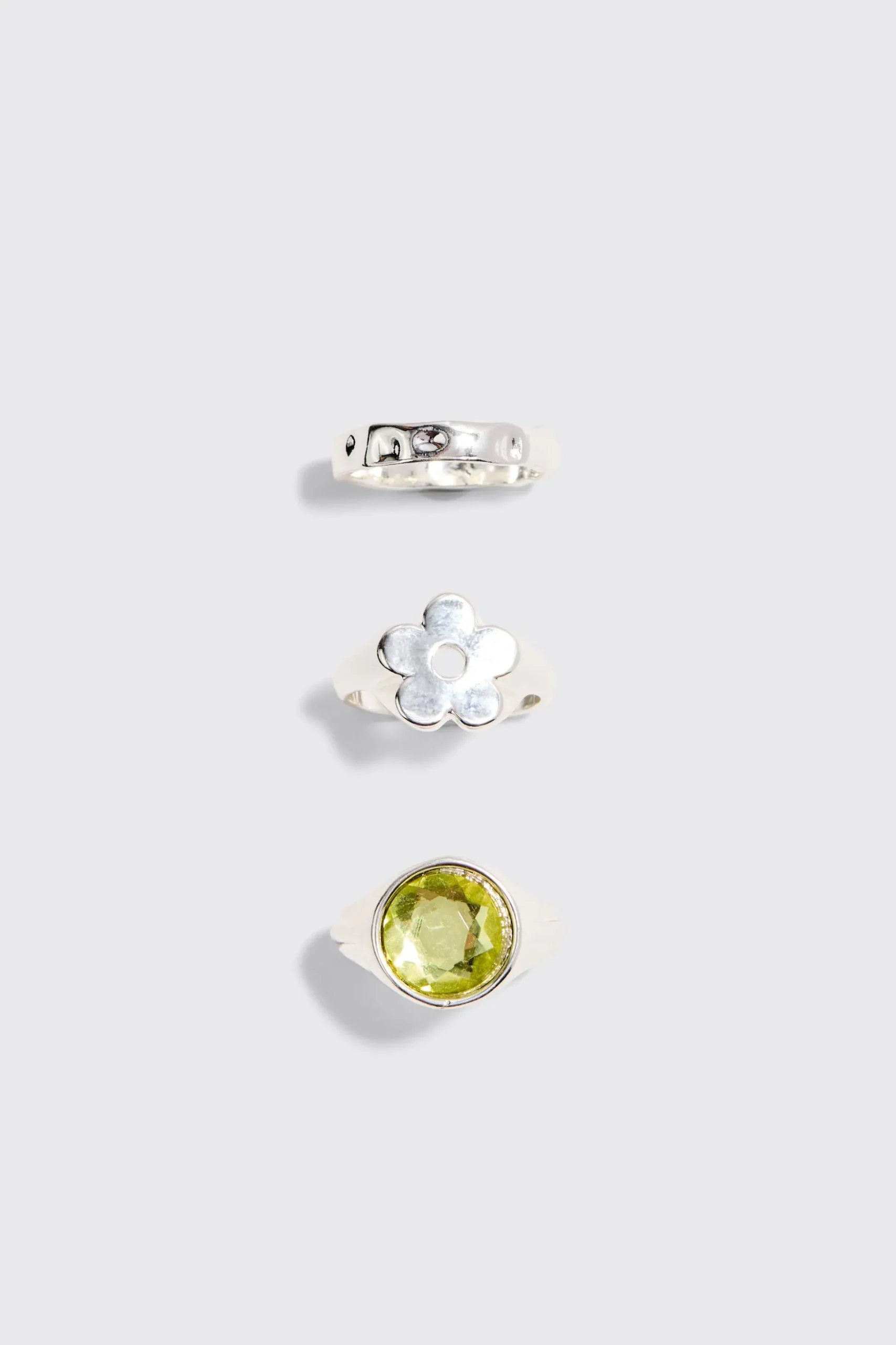 3 Pack Gem And Graphic Rings In Silver | BoohooMAN UK