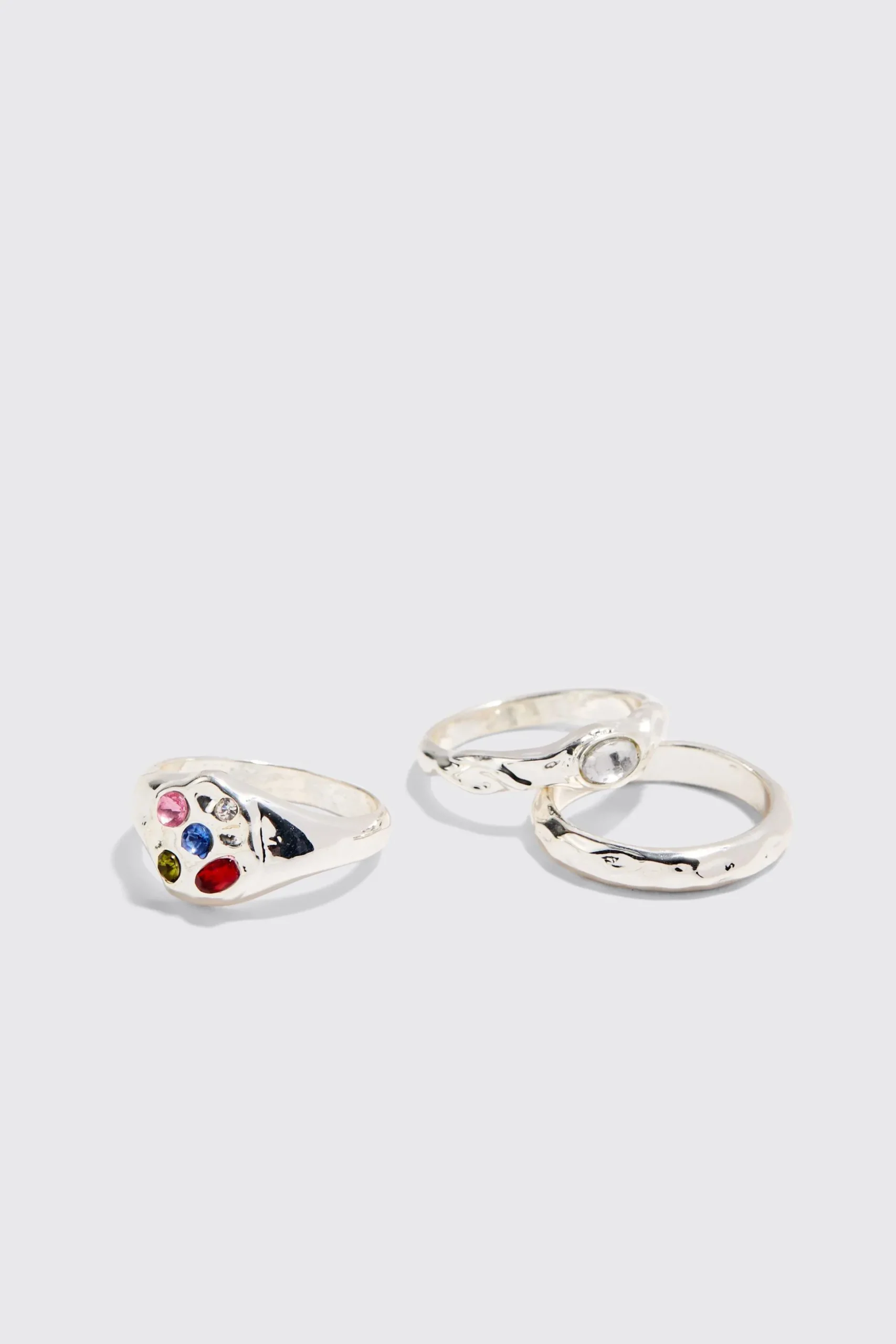 3 Pack Gem Rings In Silver | BoohooMAN UK