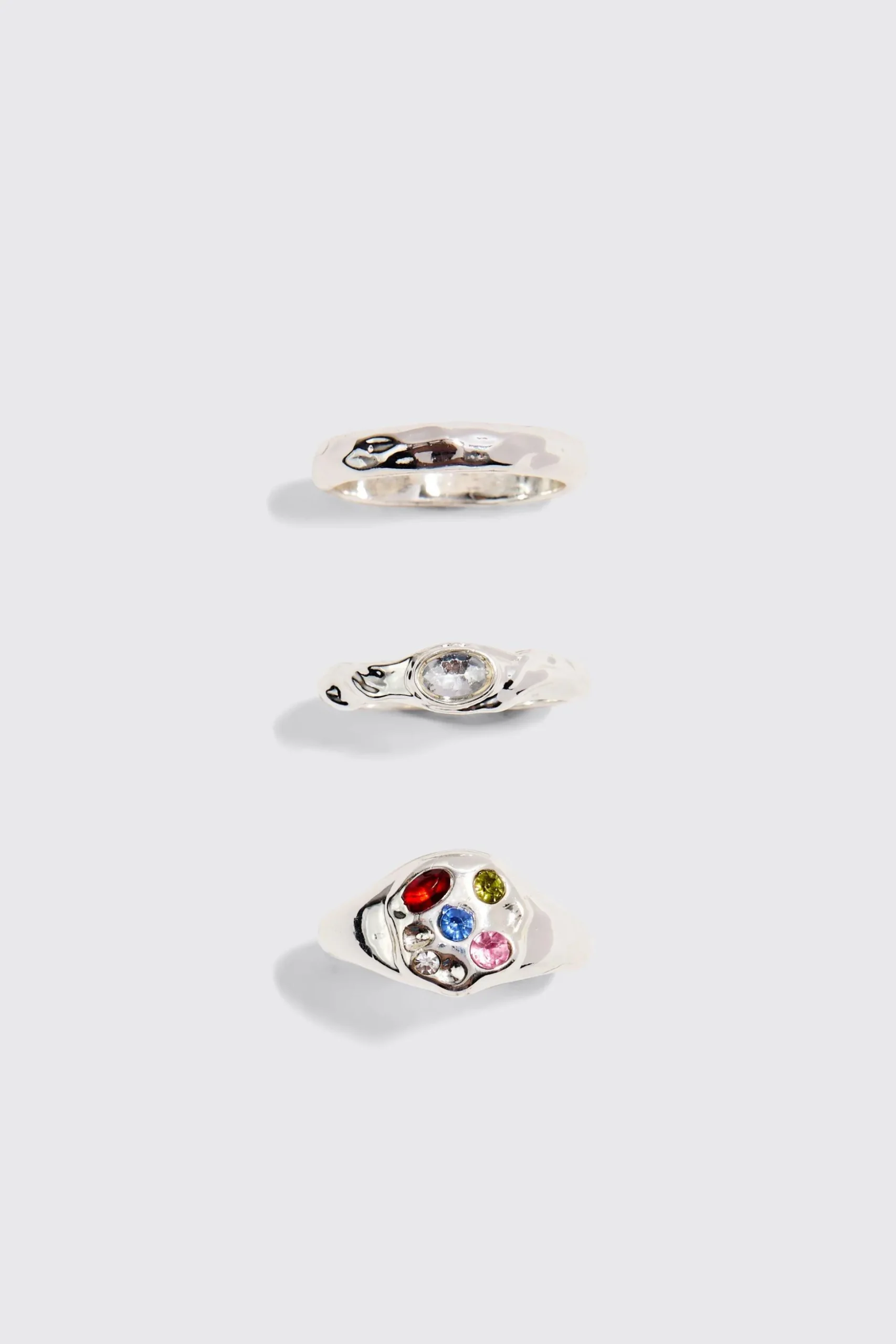 3 Pack Gem Rings In Silver | BoohooMAN UK