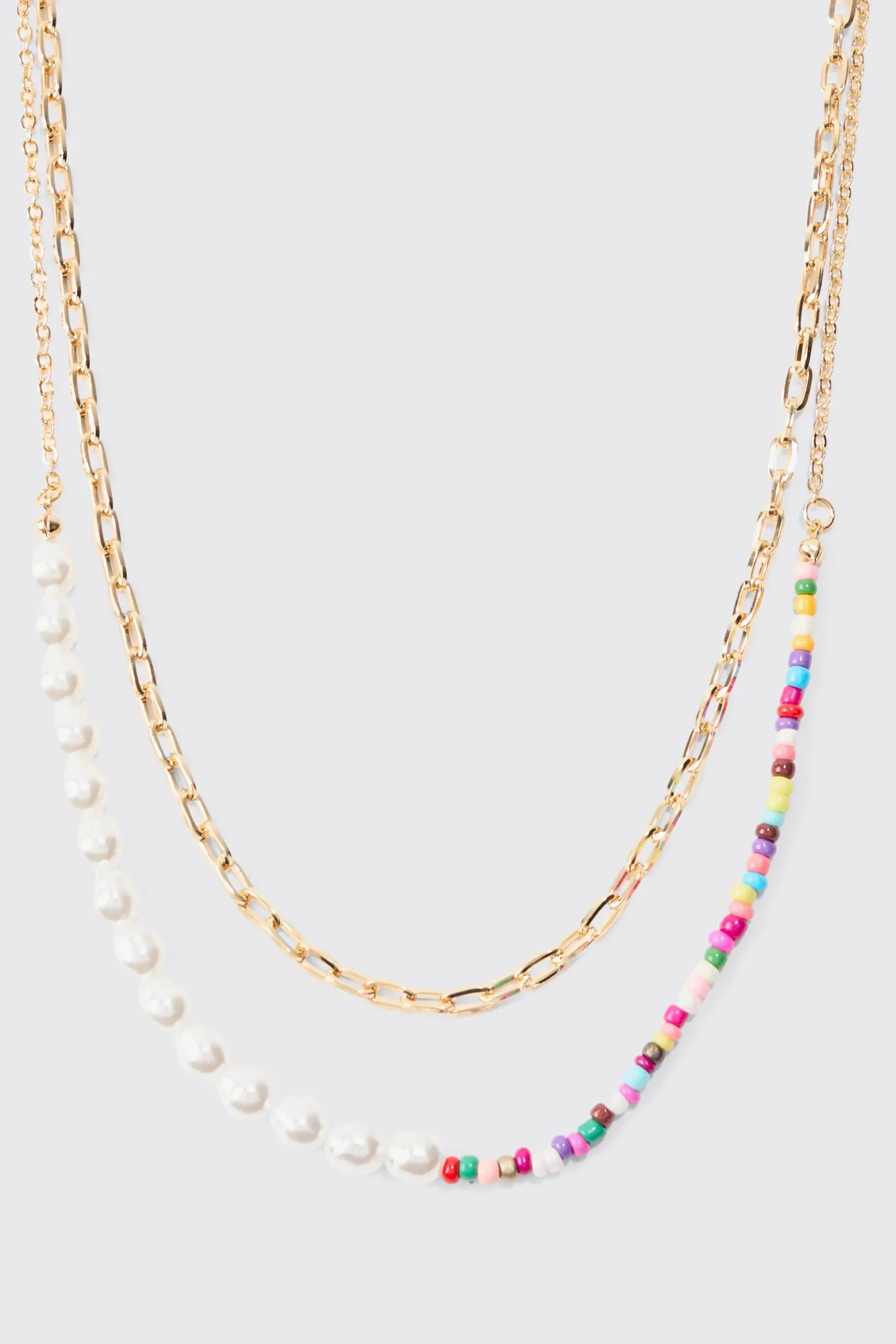 2 Pack Multi Beaded Pearl Necklaces In Gold | BoohooMAN UK
