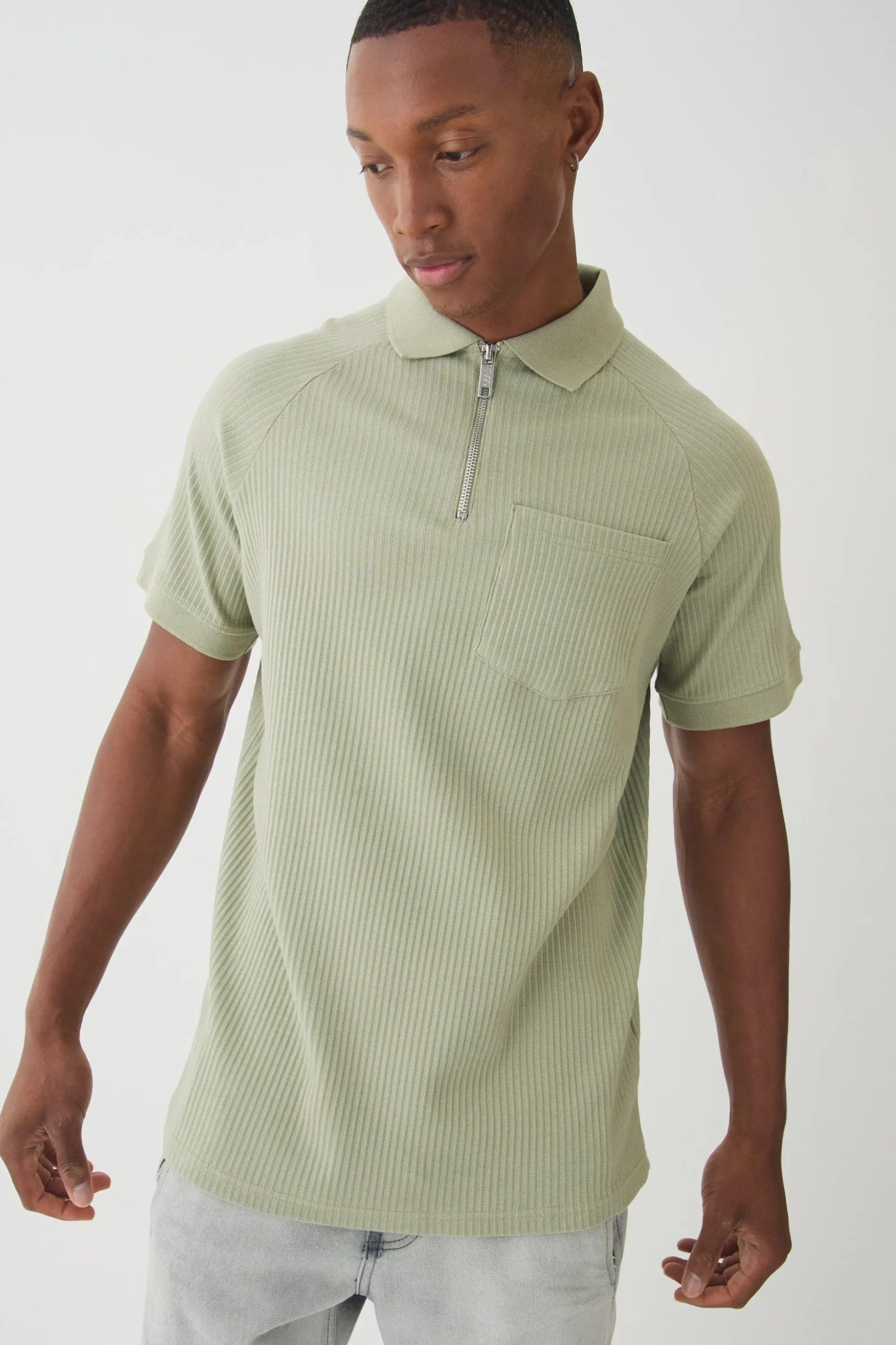 1/4 Zip Jersey Rib Pocket Polo | BoohooMAN UK