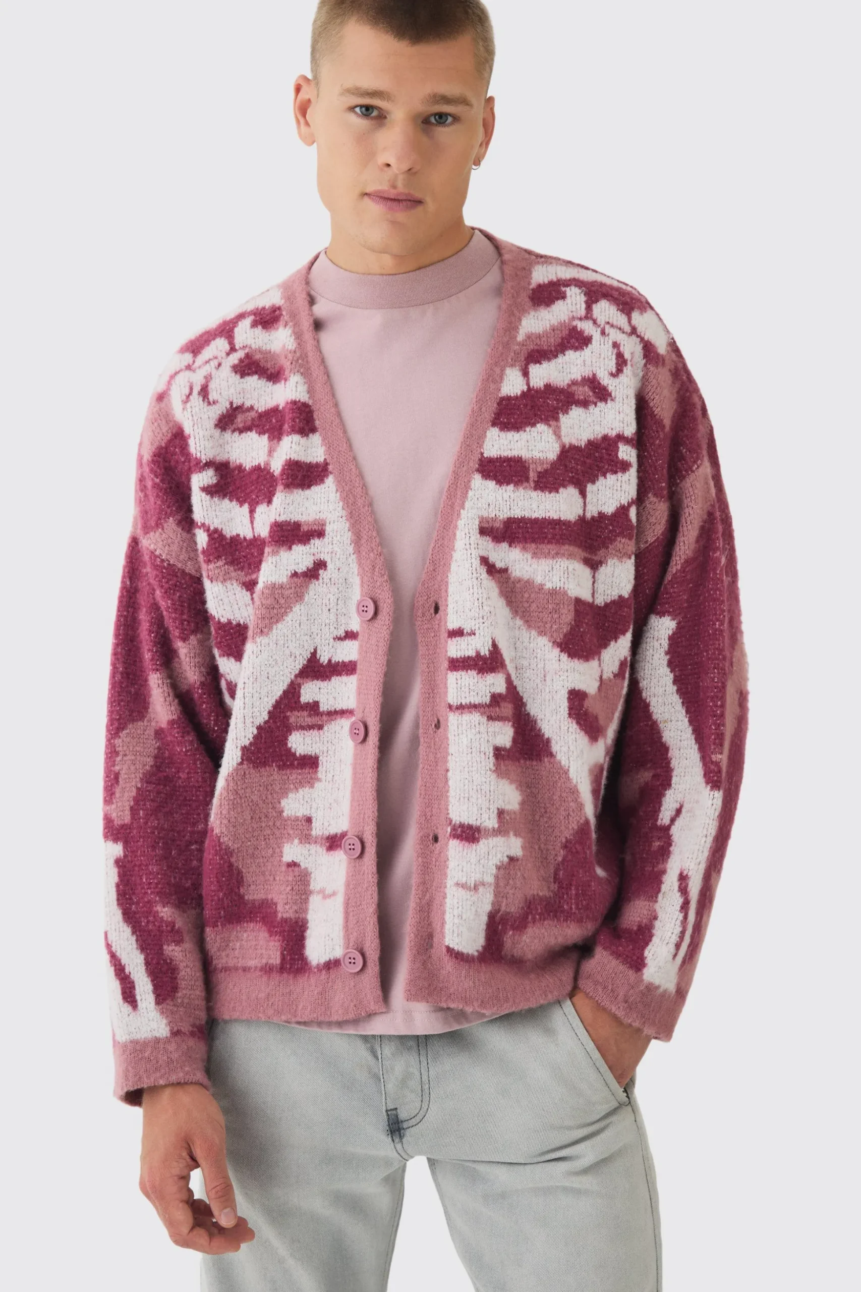 Abstract Camo Brushed Cardigan In Pink | BoohooMAN UK