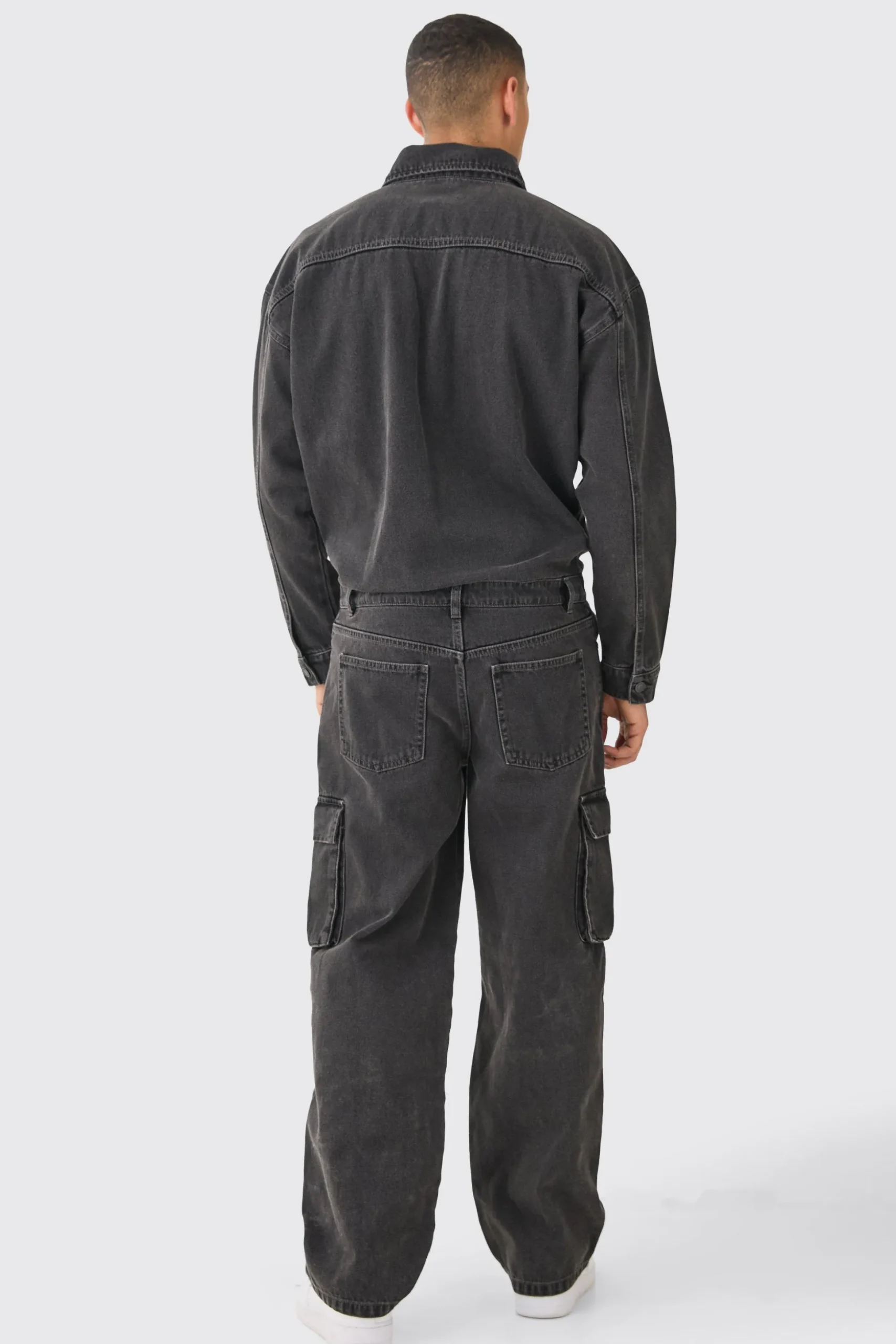 Acid Wash Oversized Cargo Pocket Denim Boilersuit In Charcoal | BoohooMAN UK