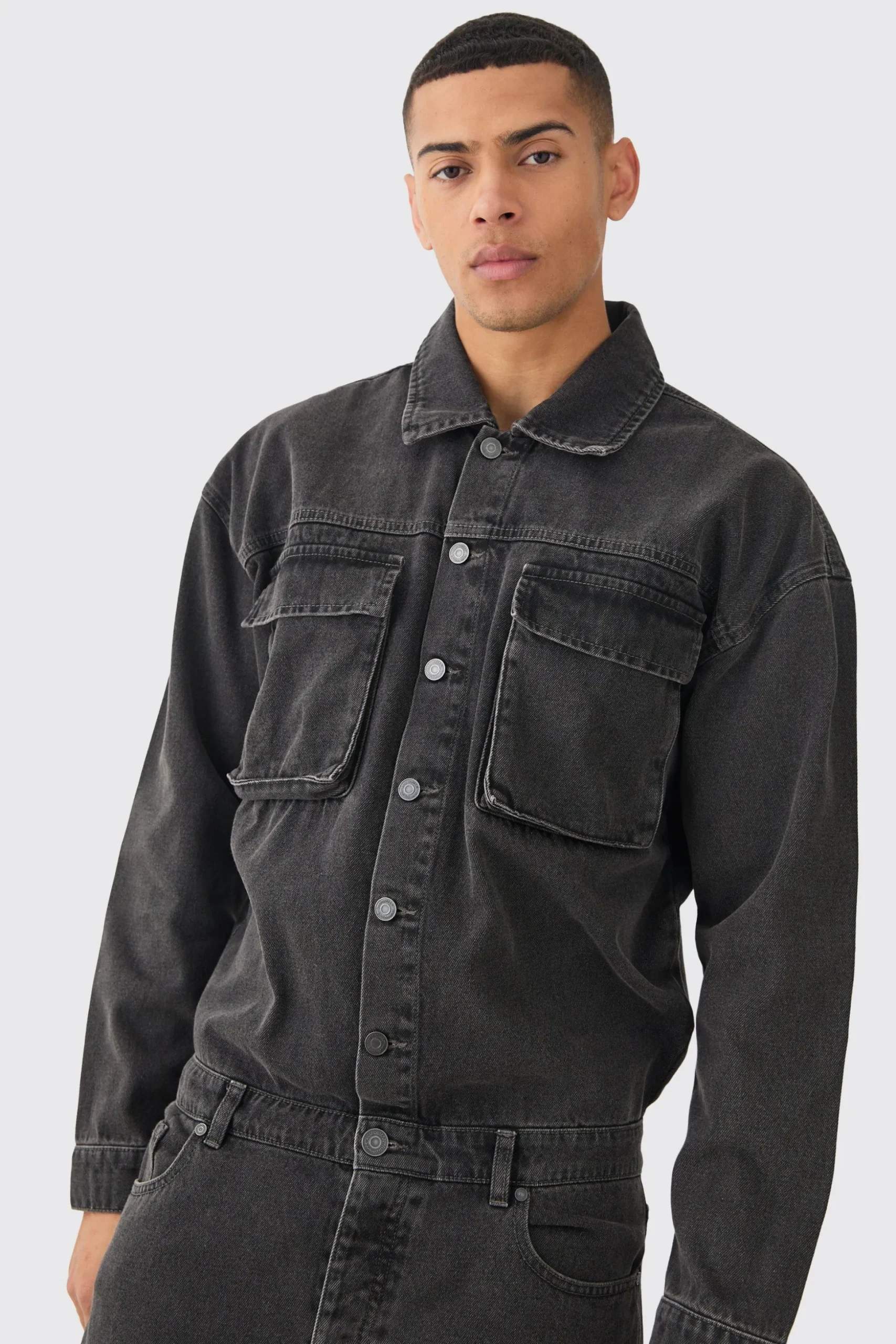 Acid Wash Oversized Cargo Pocket Denim Boilersuit In Charcoal | BoohooMAN UK