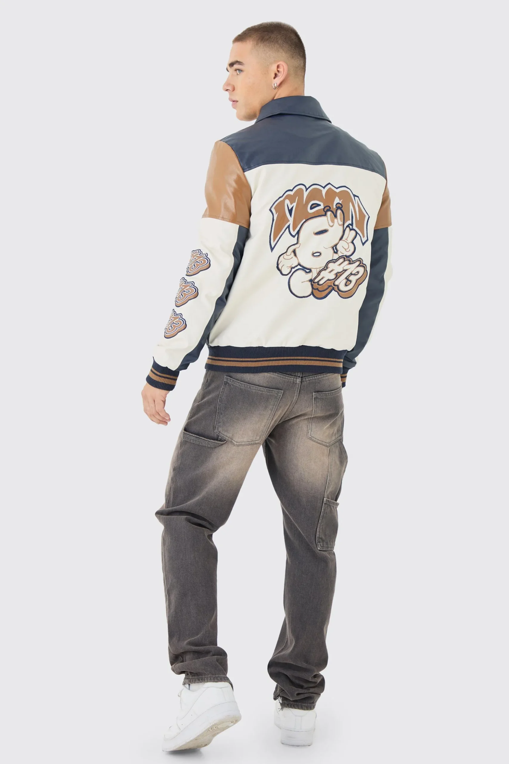 Badge Detail Colour Block Pu Varsity Jacket In Navy | BoohooMAN UK