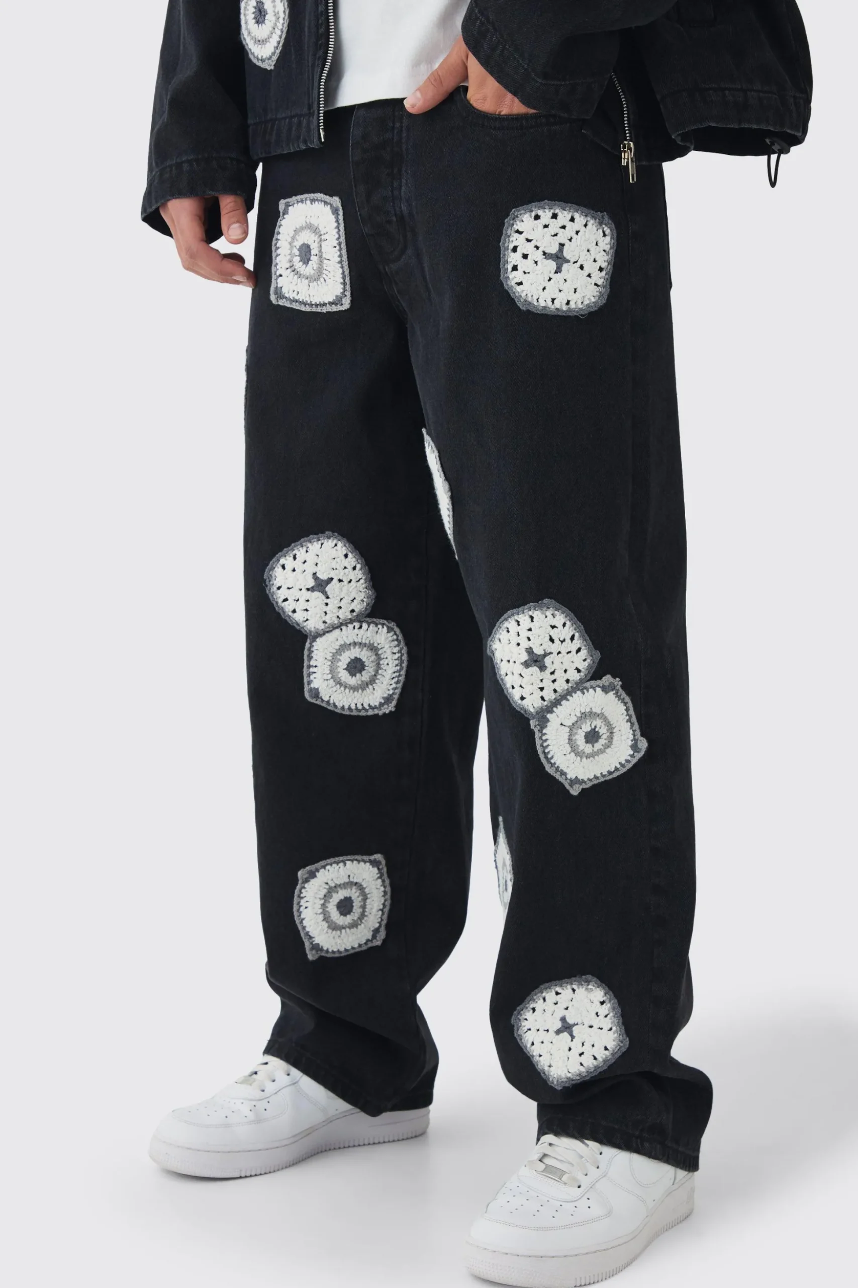 Baggy Fit Crochet Denim Jeans | BoohooMAN UK