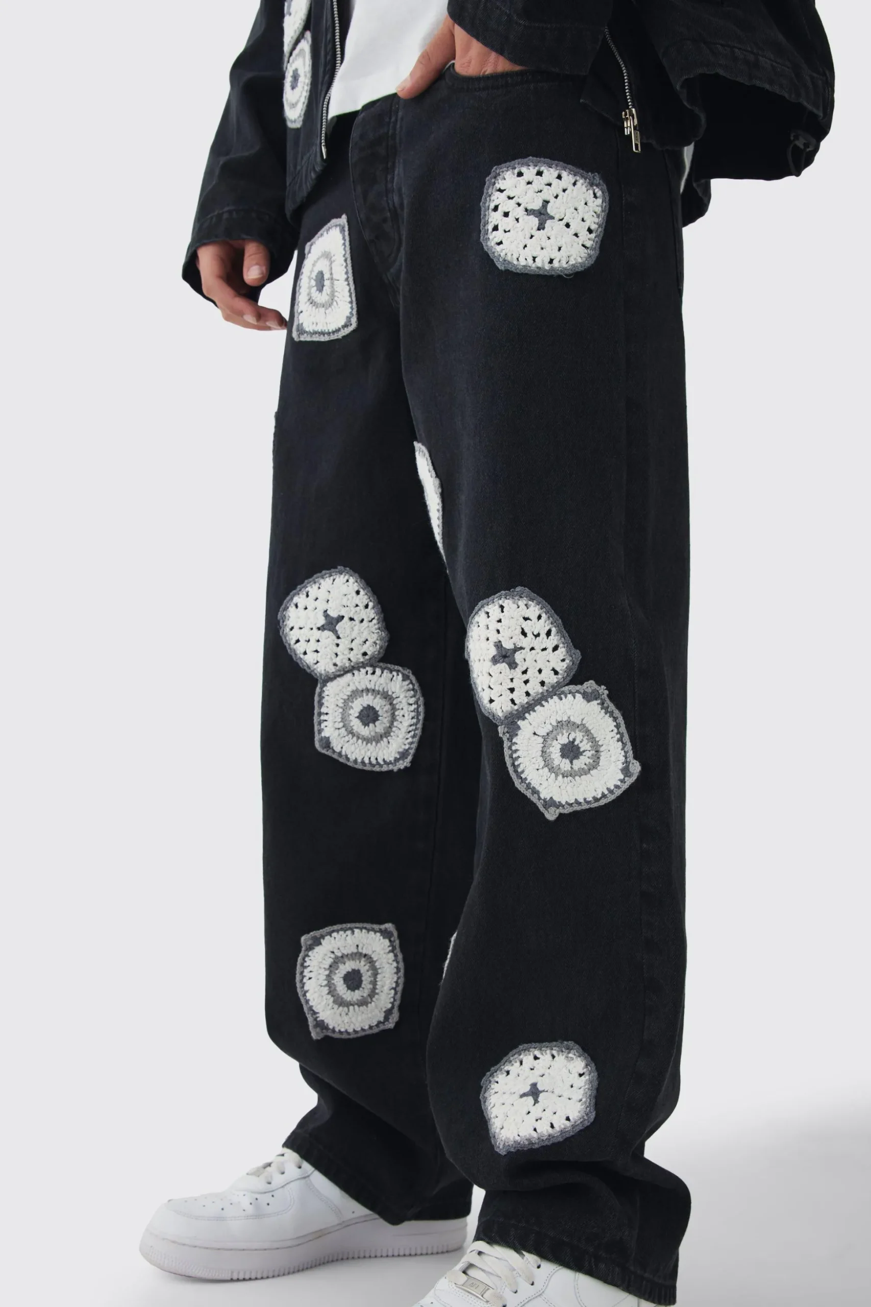 Baggy Fit Crochet Denim Jeans | BoohooMAN UK