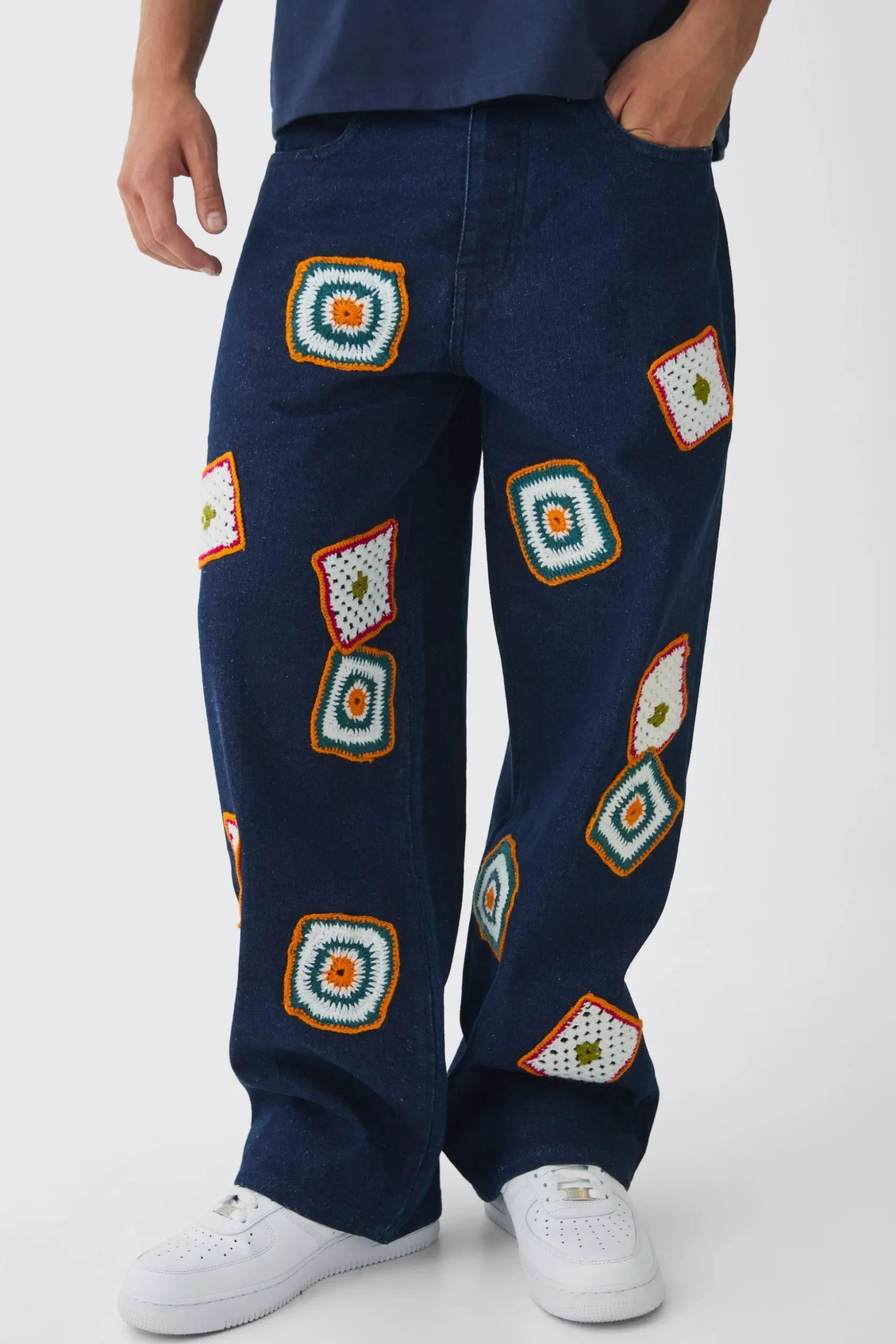 Baggy Fit Crochet Denim Jeans | BoohooMAN UK