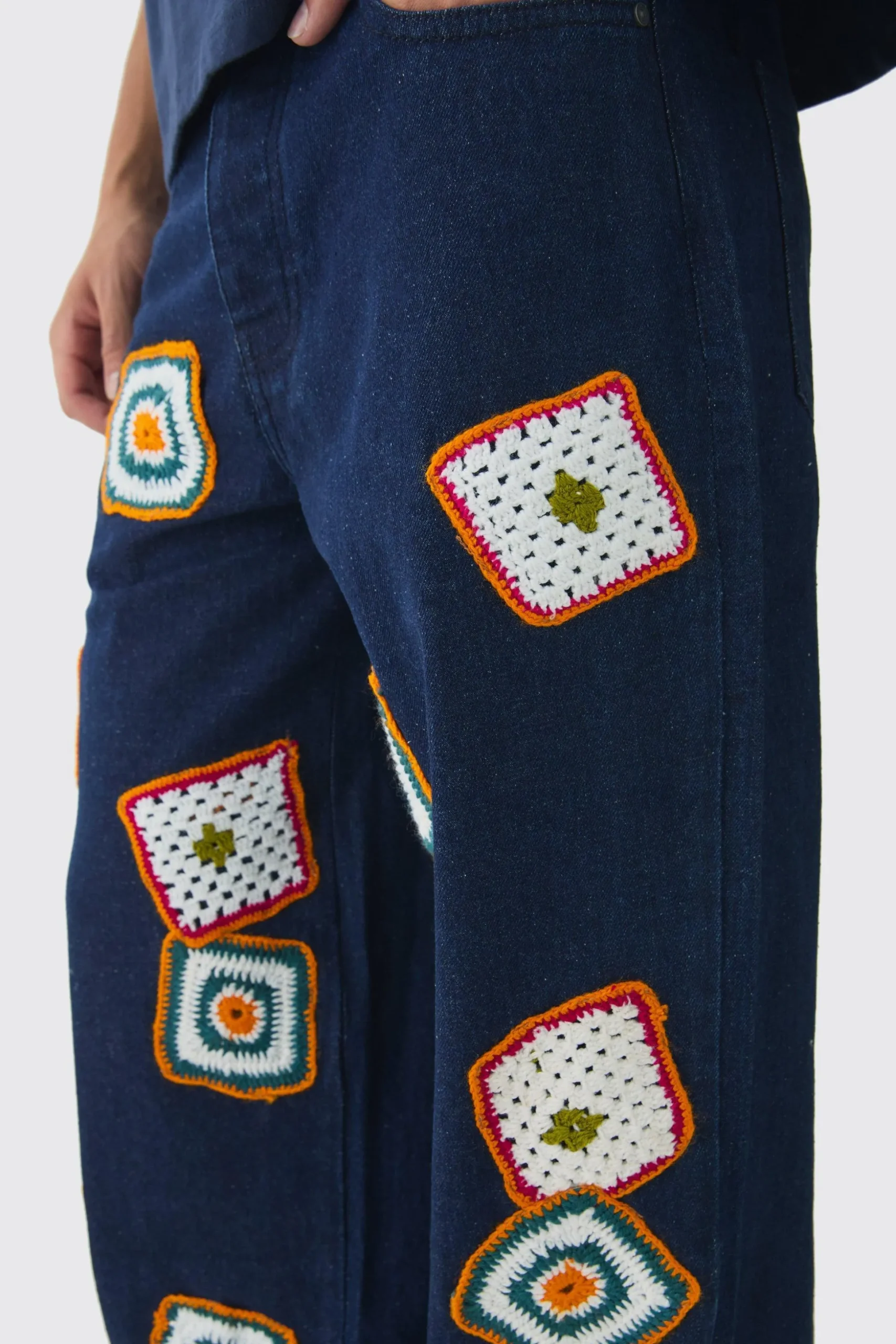 Baggy Fit Crochet Denim Jeans | BoohooMAN UK
