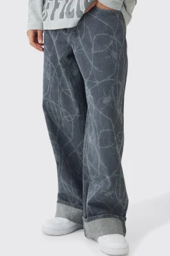 Baggy Fit Rigid Barbed Wire Laser Print Jeans | BoohooMAN UK