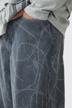Baggy Fit Rigid Barbed Wire Laser Print Jeans | BoohooMAN UK