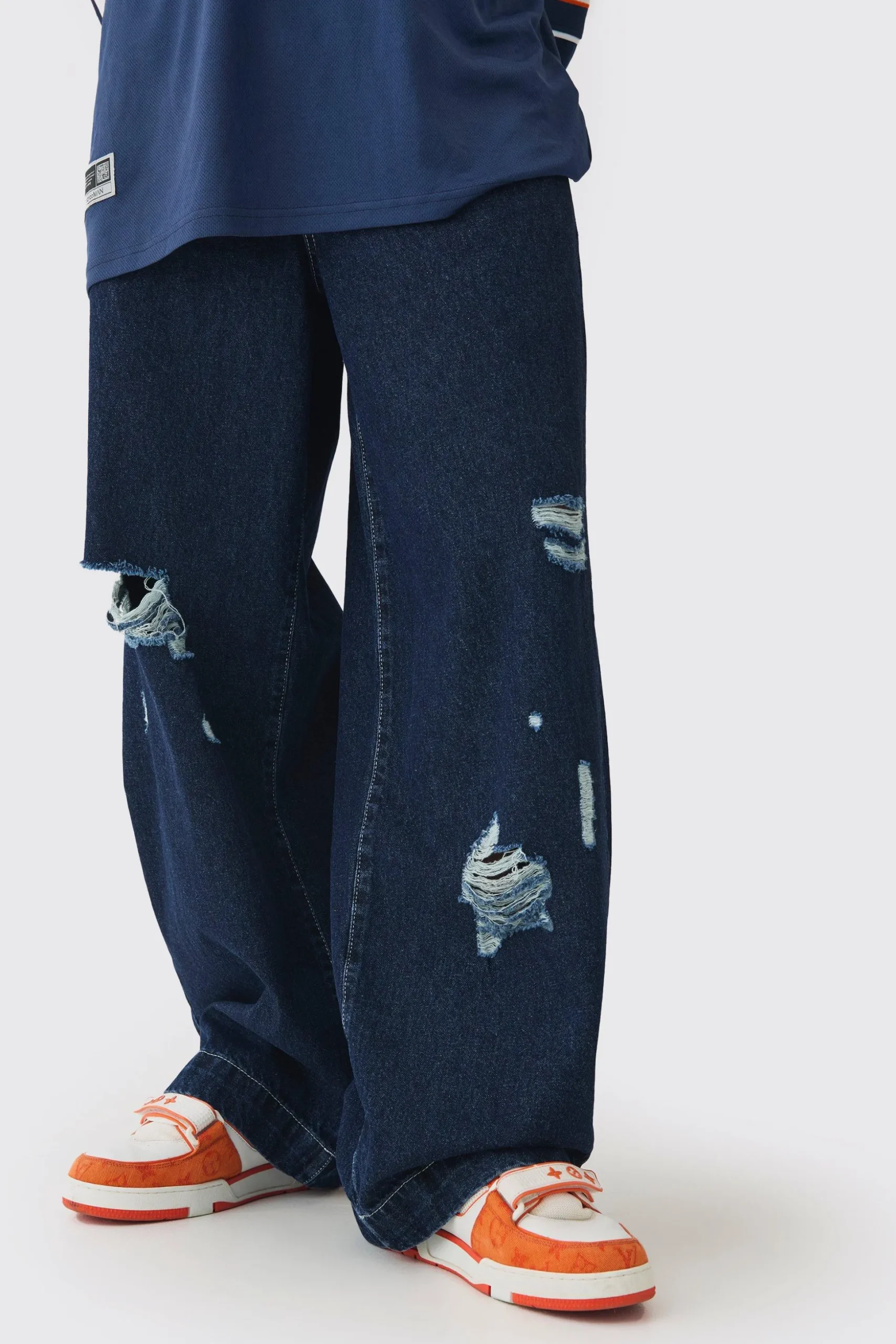 Baggy Fit Rigid Indigo Ripped Jeans | BoohooMAN UK