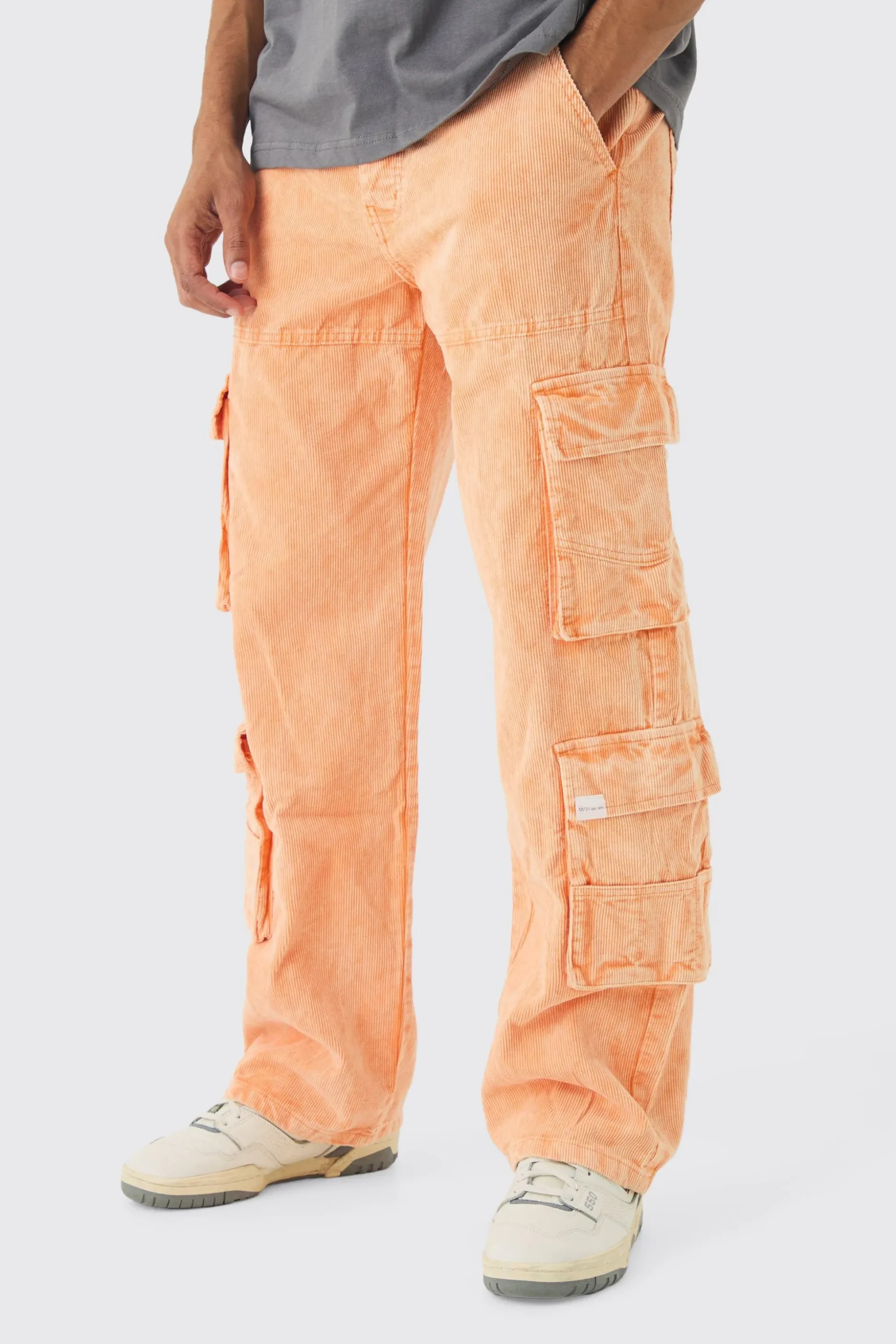 Baggy Multi Pocket Acid Wash Cord Trouser In Orange | BoohooMAN UK