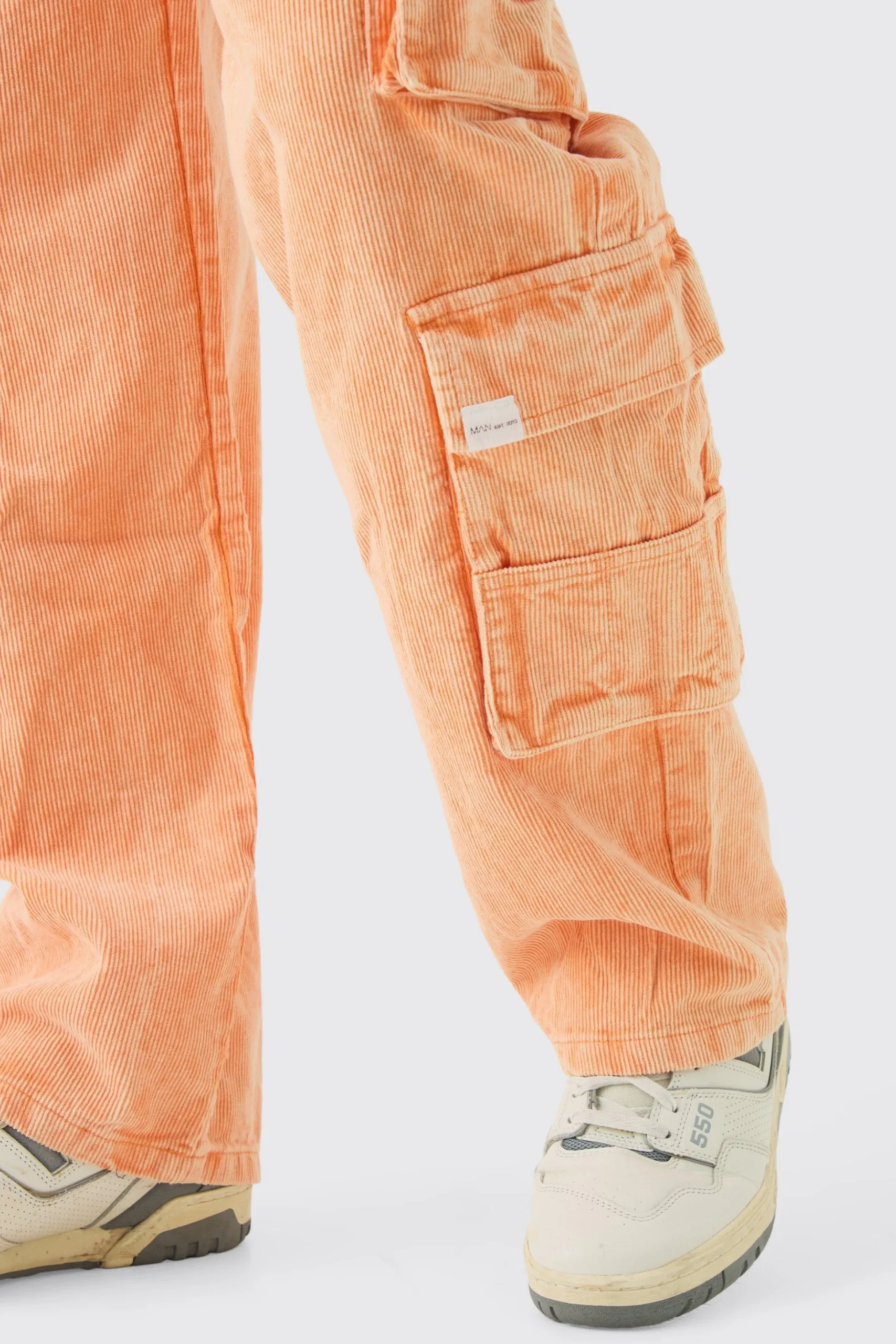 Baggy Multi Pocket Acid Wash Cord Trouser In Orange | BoohooMAN UK