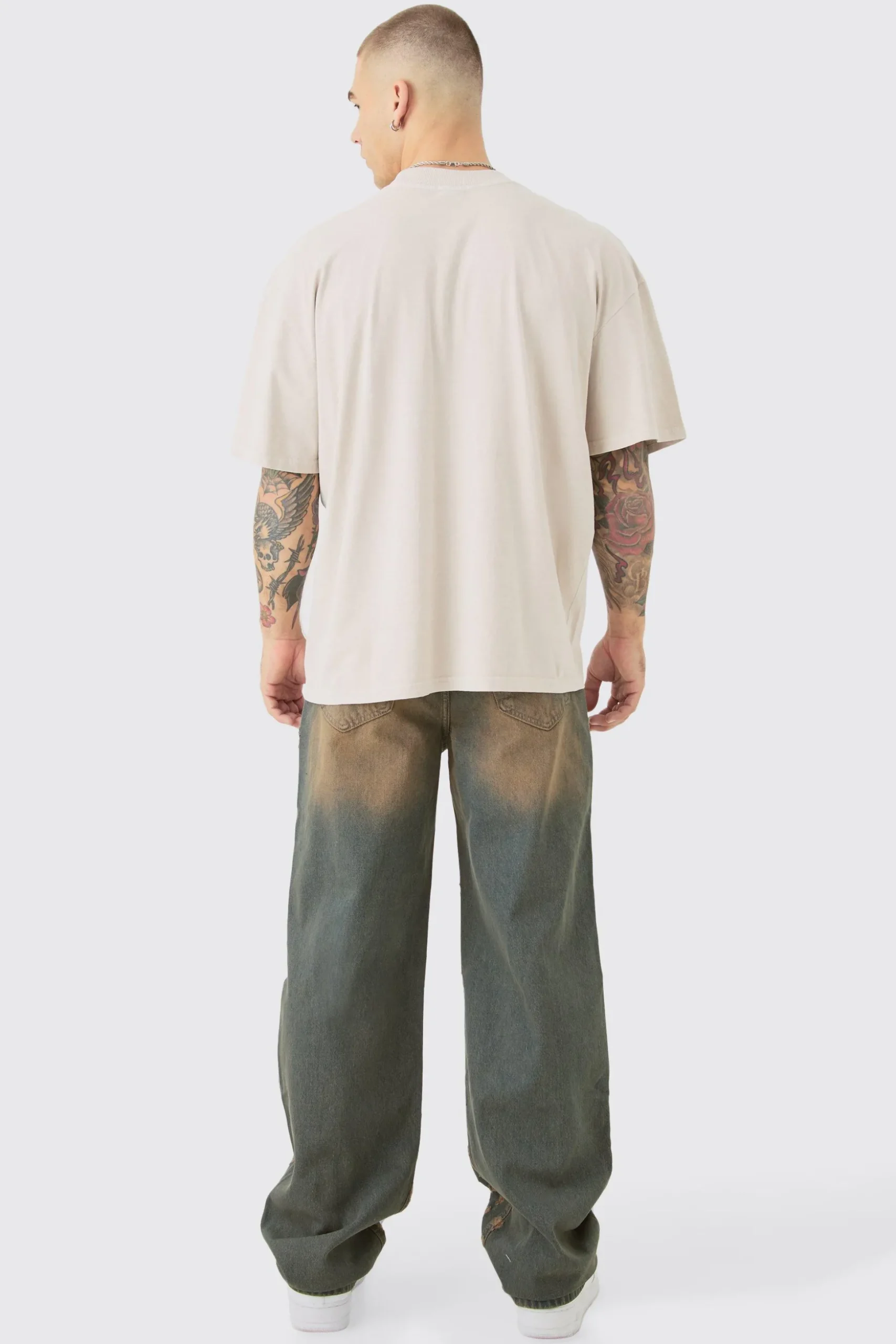Baggy Rigid All Over Distressed Jeans In Vintage Blue | BoohooMAN UK