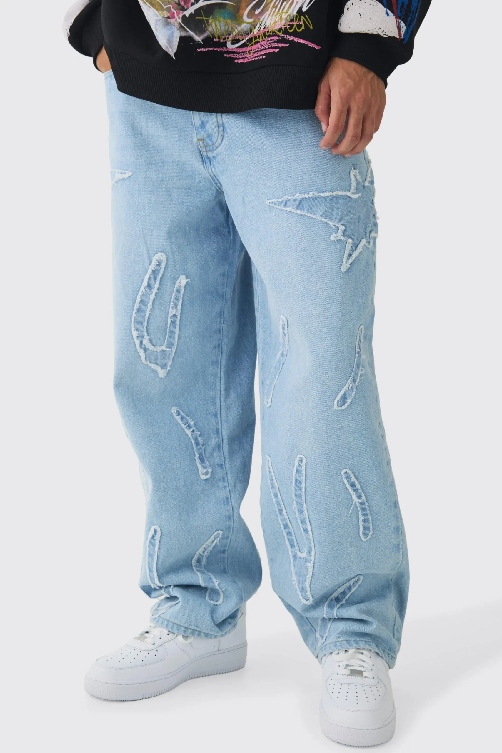 Baggy Rigid All Over Raw Edge Applique Jeans | BoohooMAN UK