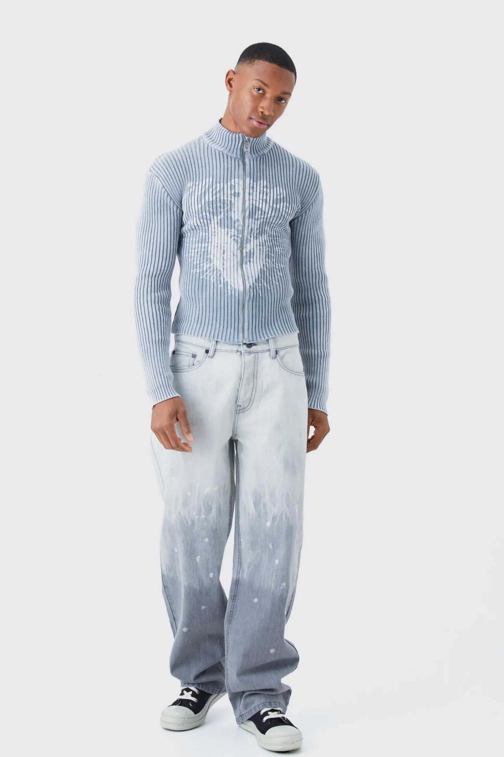 Baggy Rigid Bleached Jeans In Light Grey | BoohooMAN UK