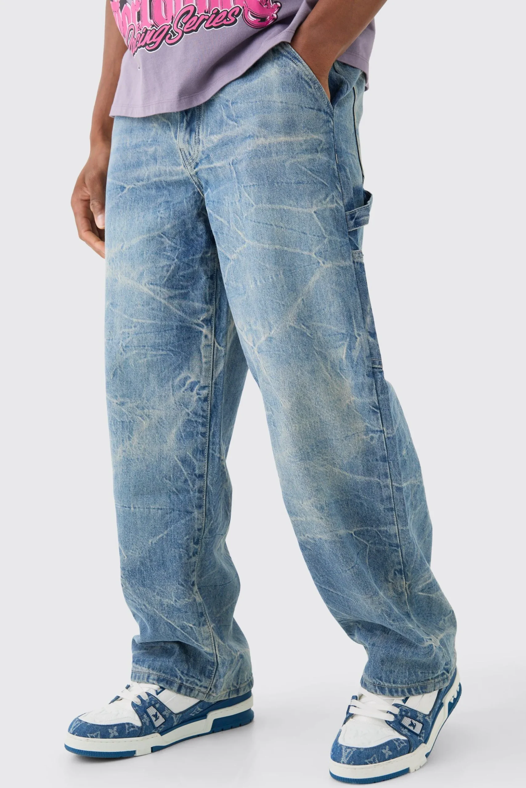 Baggy Rigid Carpenter Crinkle Denim Jeans In Antique Blue | BoohooMAN UK