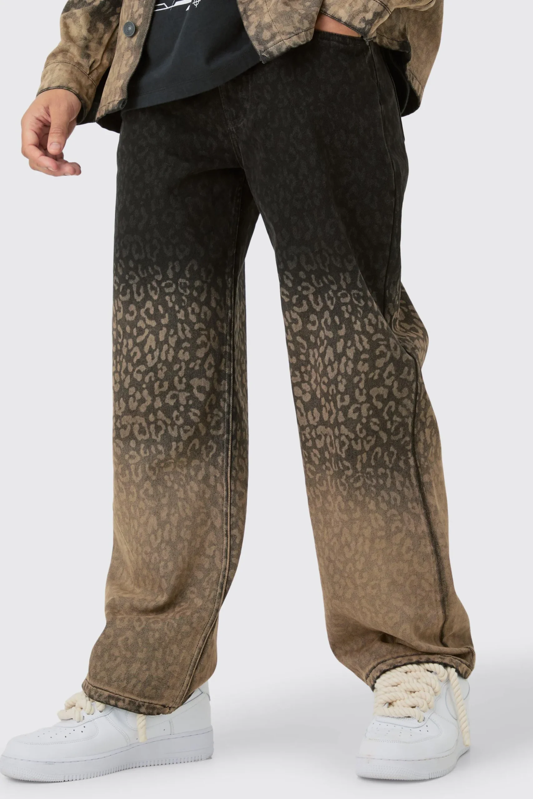 Baggy Rigid Leopard Print Jeans In Tinted Black | BoohooMAN UK