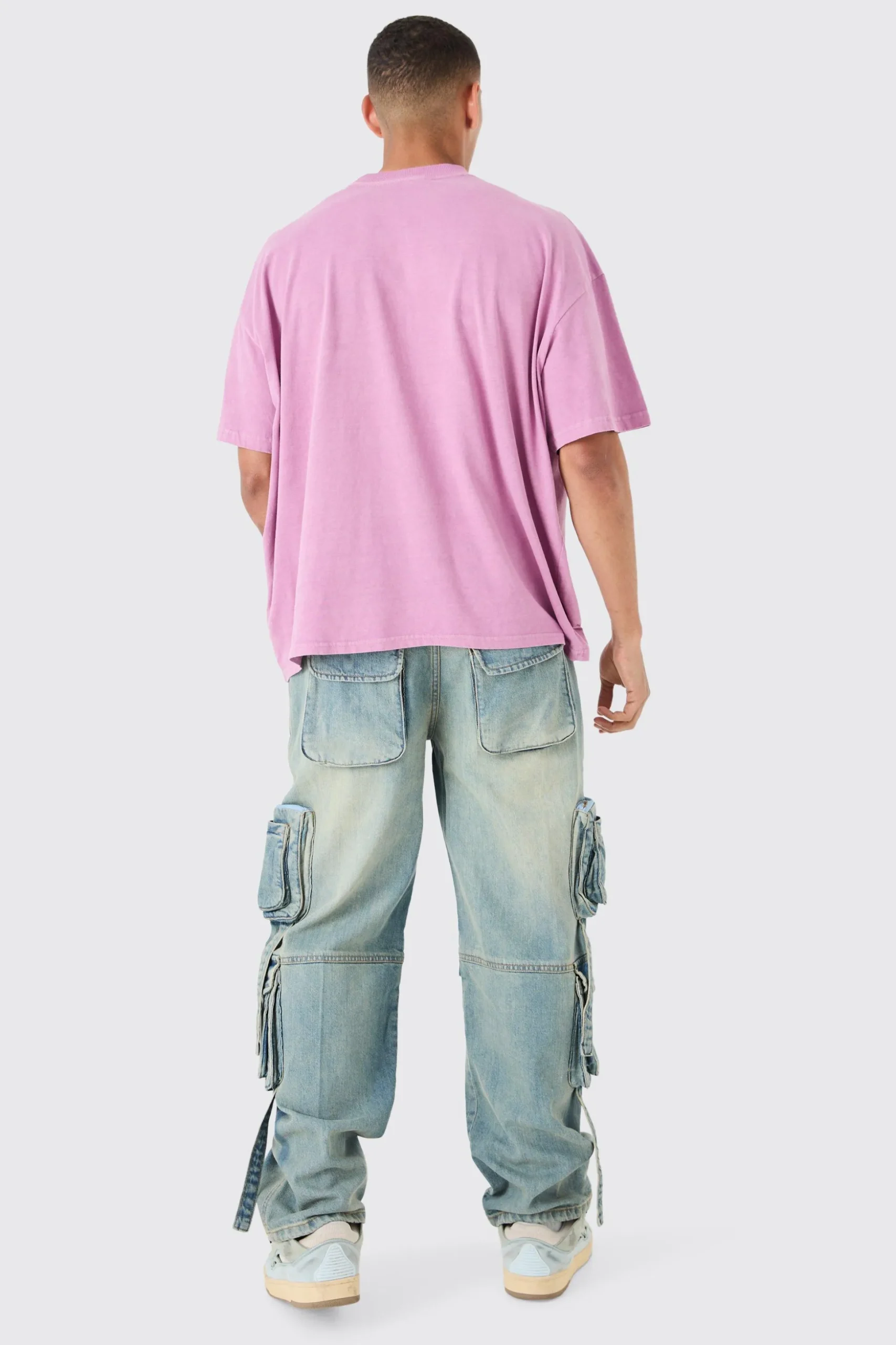 Baggy Rigid Mulit Pocket Cargo Strap Denim Jean In Light Blue | BoohooMAN UK