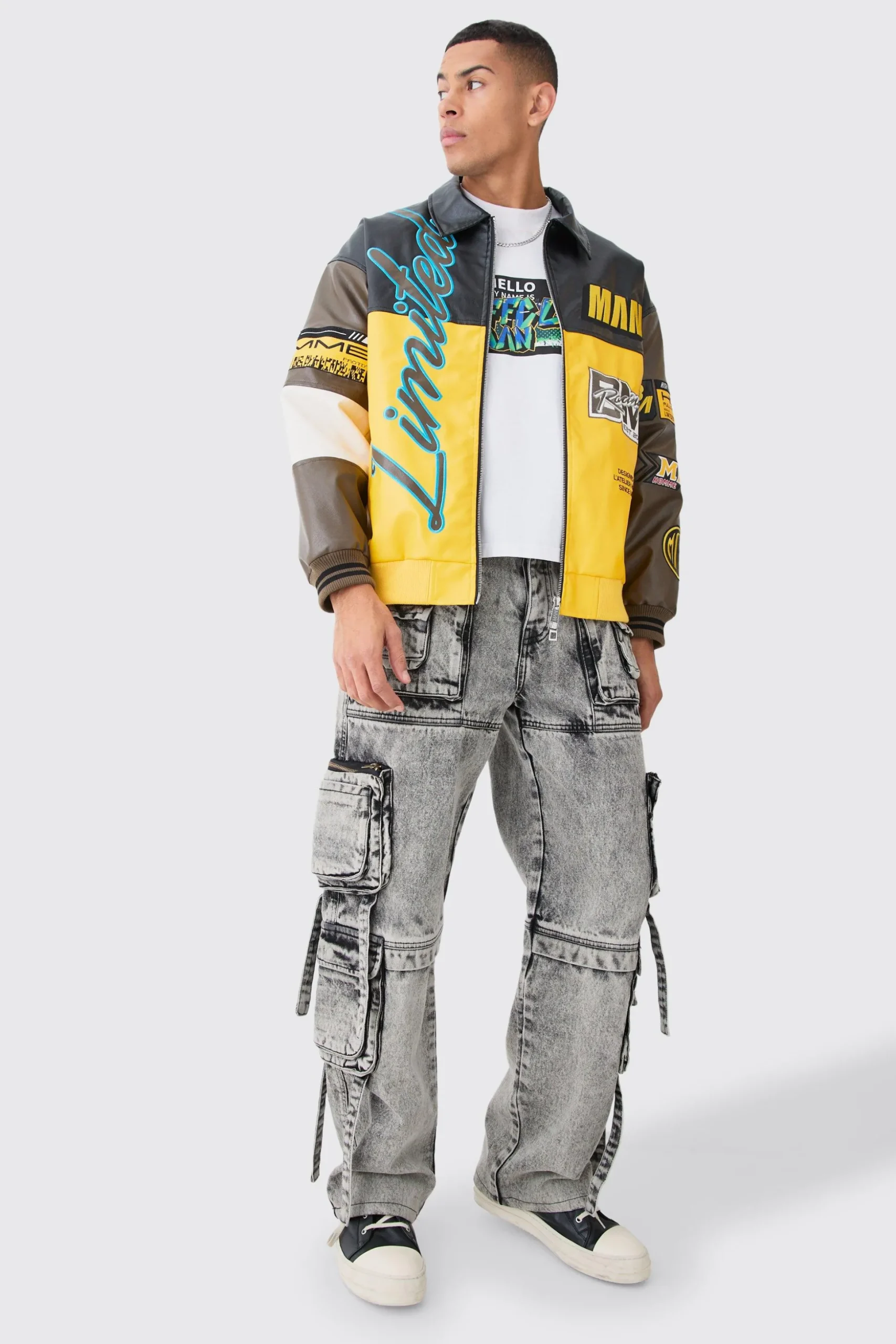 Baggy Rigid Multi Cargo Pocket Strap Detail Acid Wash Jeans | BoohooMAN UK