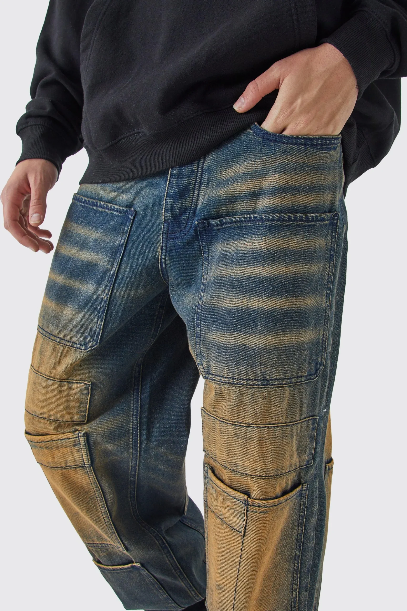 Baggy Rigid Overdyed Multi Pocket Cargo Jeans | BoohooMAN UK
