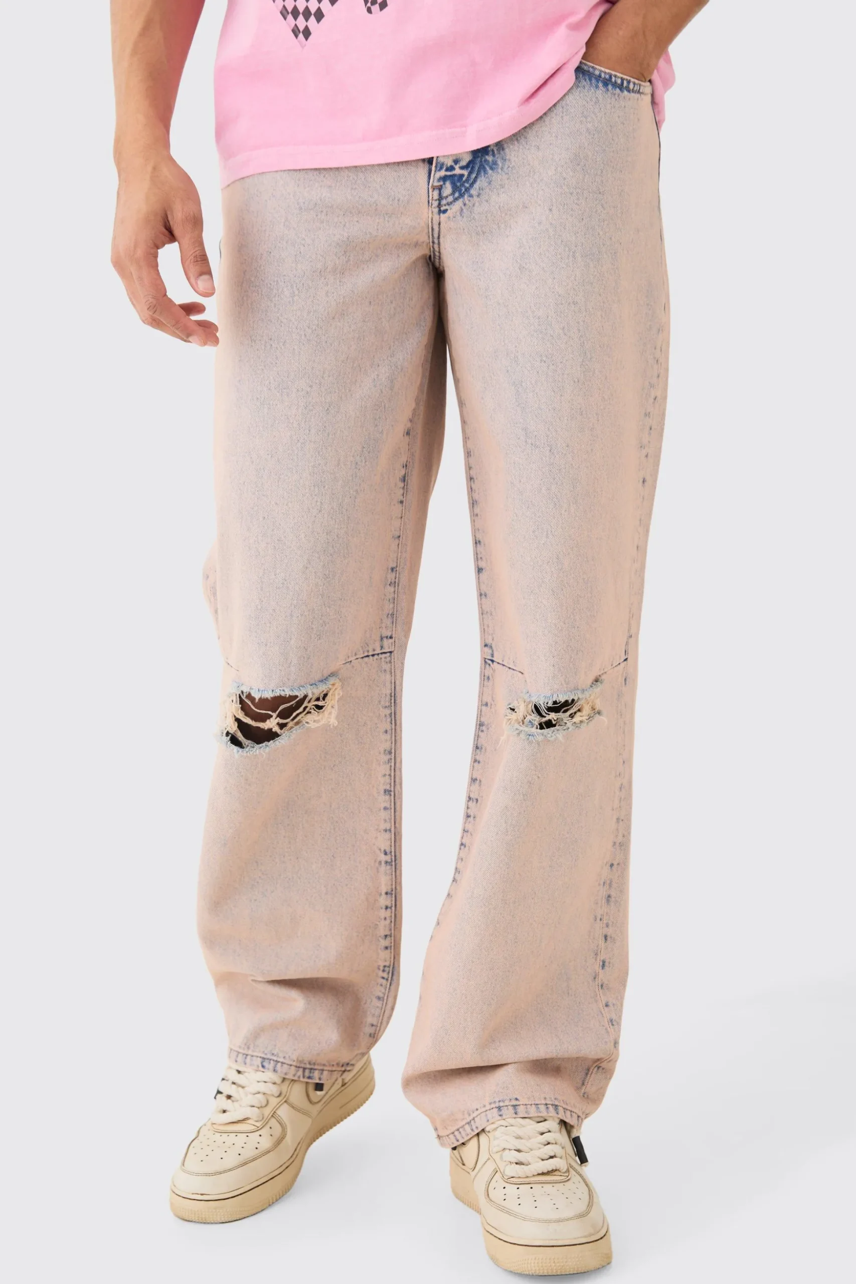 Baggy Rigid Pink Tint Slit Knee Jeans | BoohooMAN UK