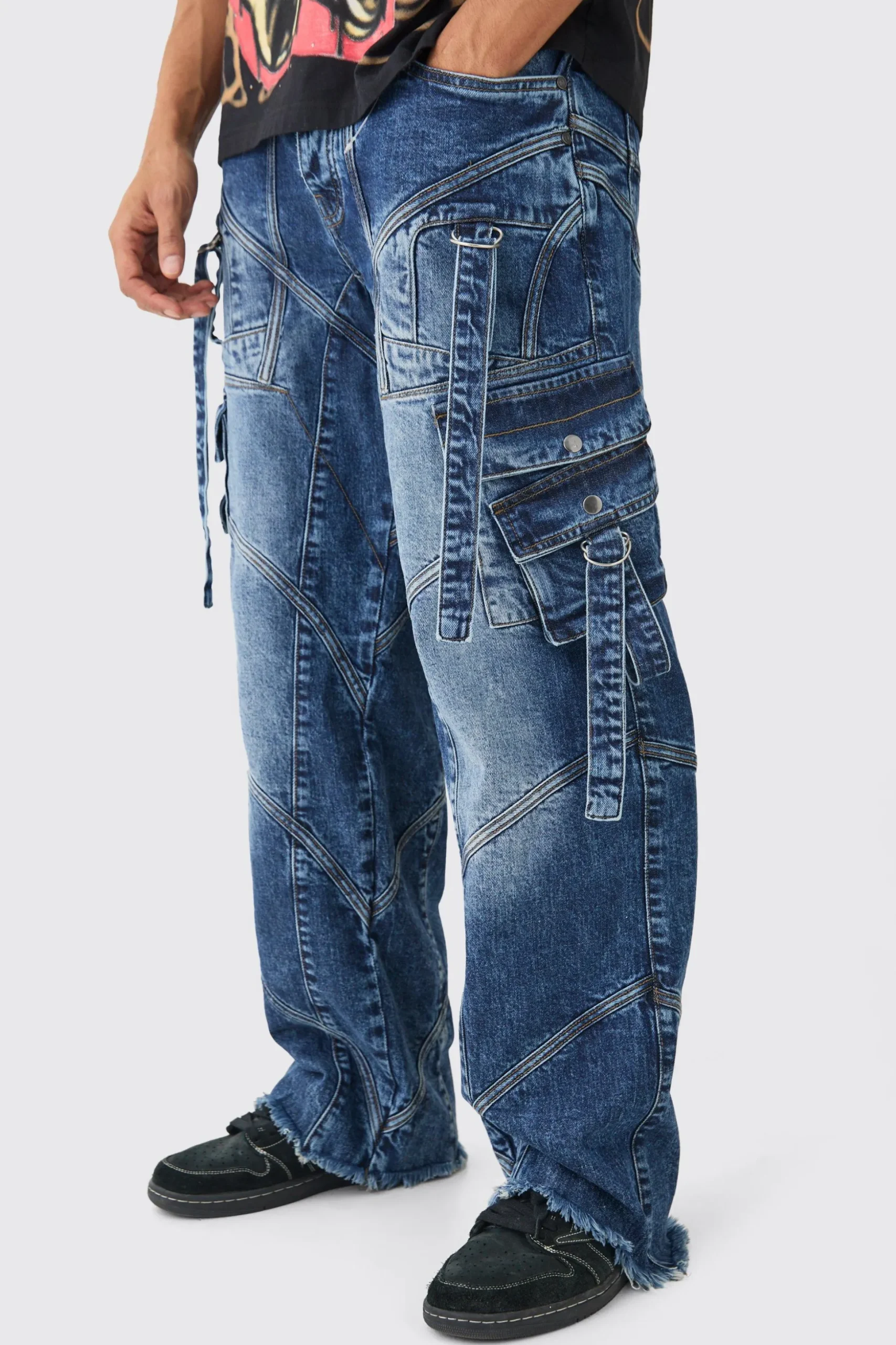 Baggy Rigid Strap And Buckle Detail Jeans In Indigo | BoohooMAN UK