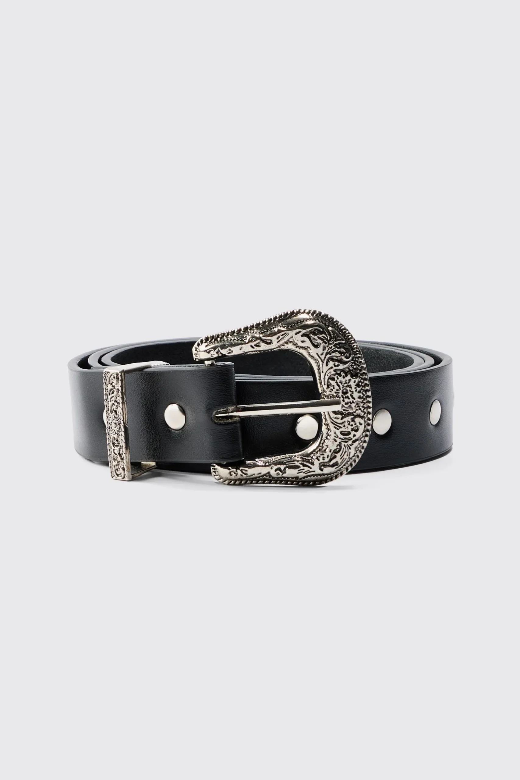 Black Western Studded Silver Buckle Belt | BoohooMAN UK