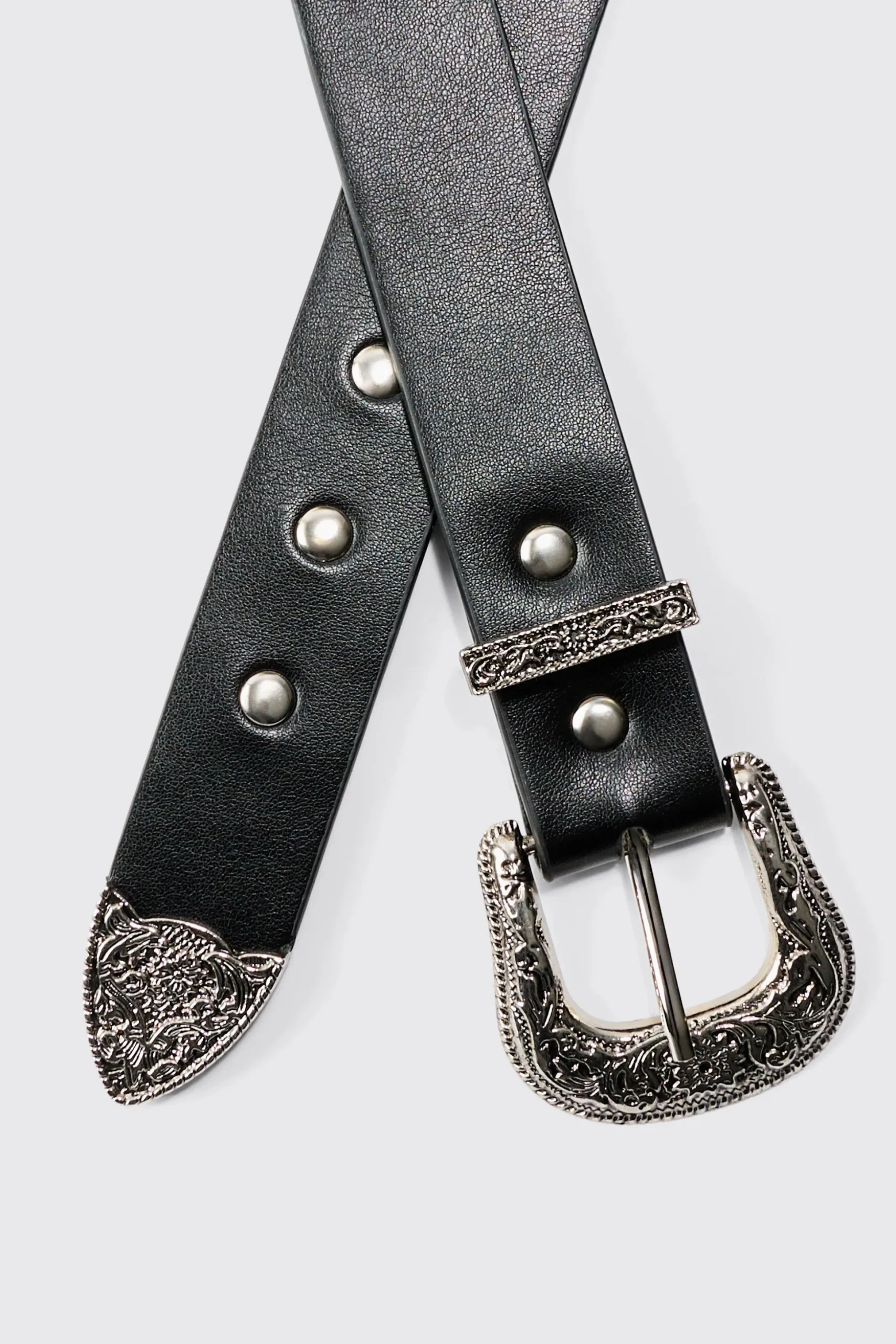 Black Western Studded Silver Buckle Belt | BoohooMAN UK