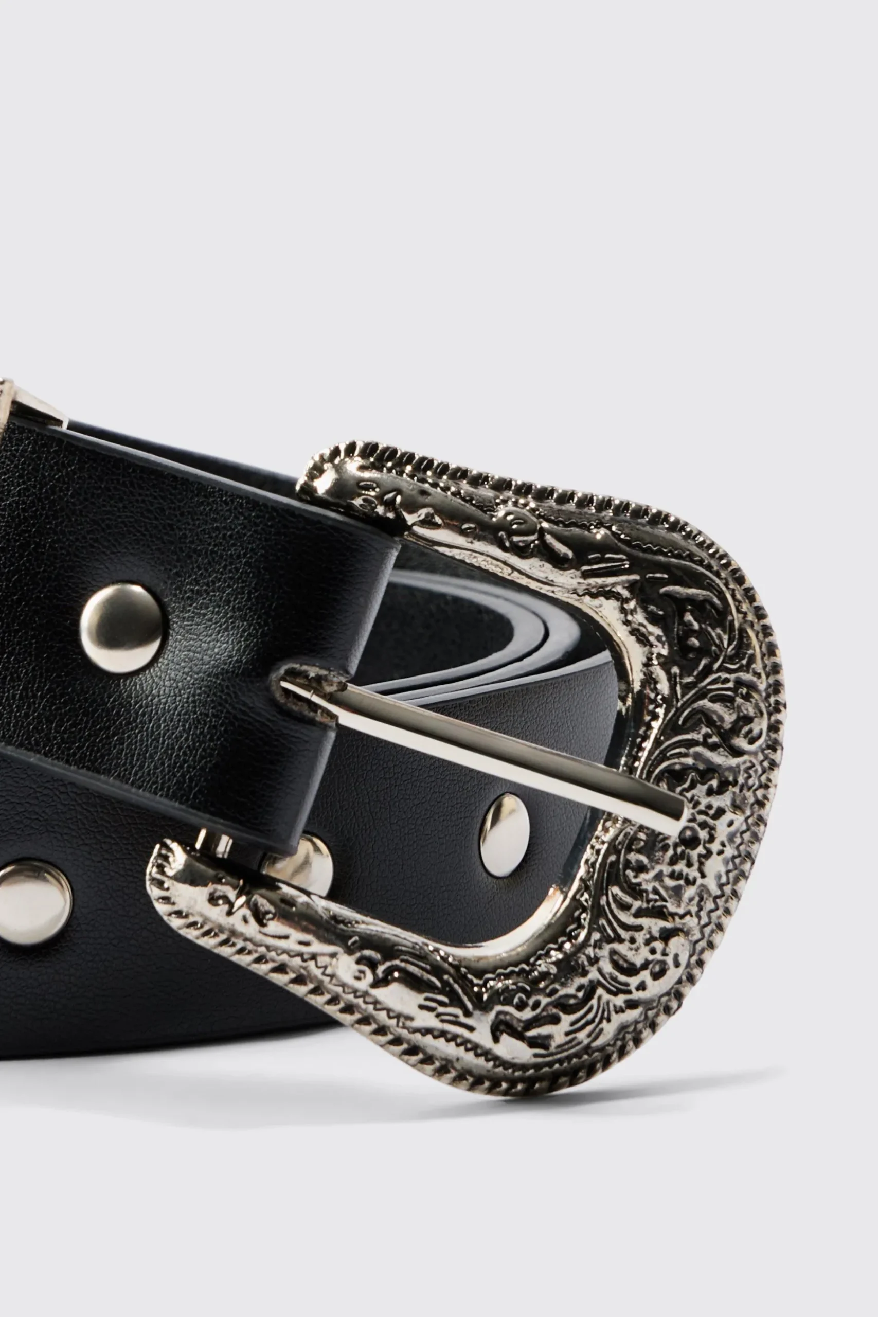 Black Western Studded Silver Buckle Belt | BoohooMAN UK