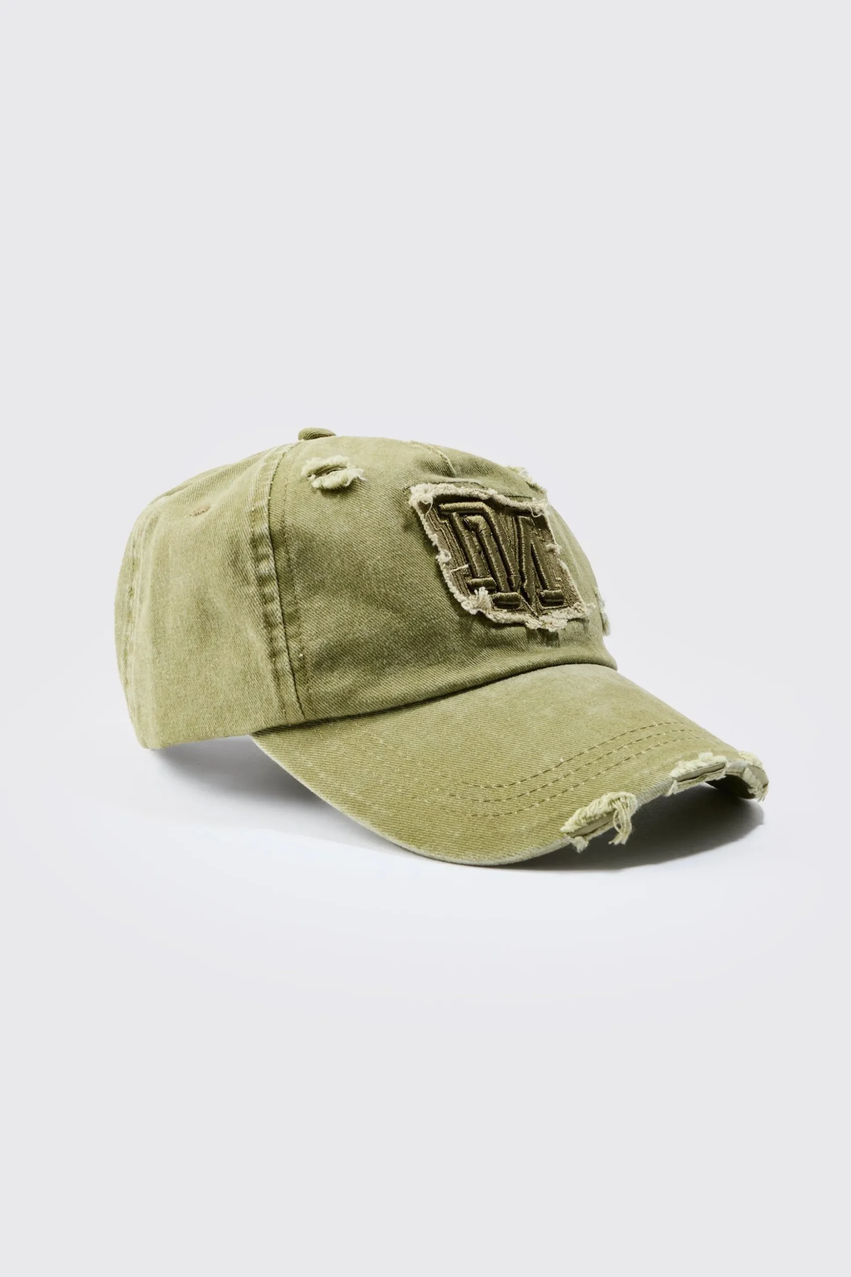 BM Applique Distressed Cap In Khaki | BoohooMAN UK