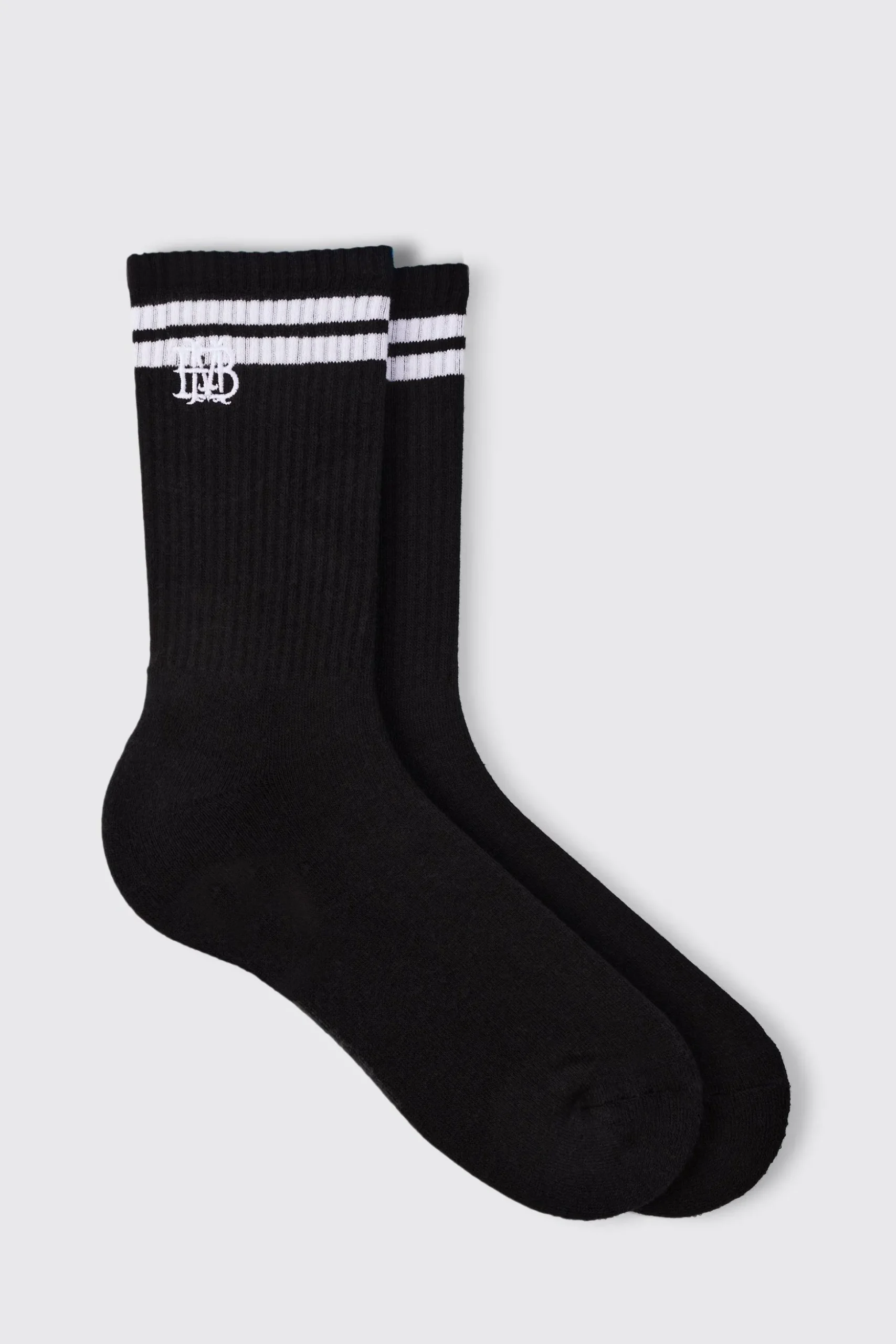 BM Embroidered Half Terry Stripe Socks In Black | BoohooMAN UK