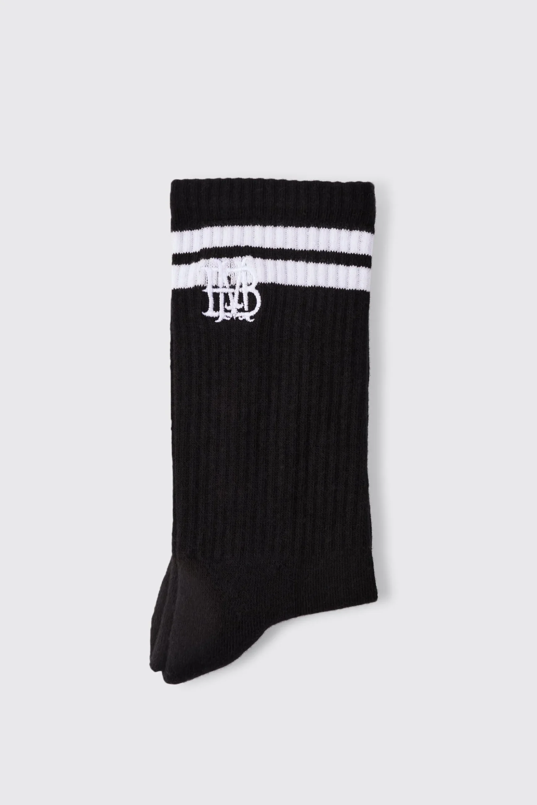 BM Embroidered Half Terry Stripe Socks In Black | BoohooMAN UK