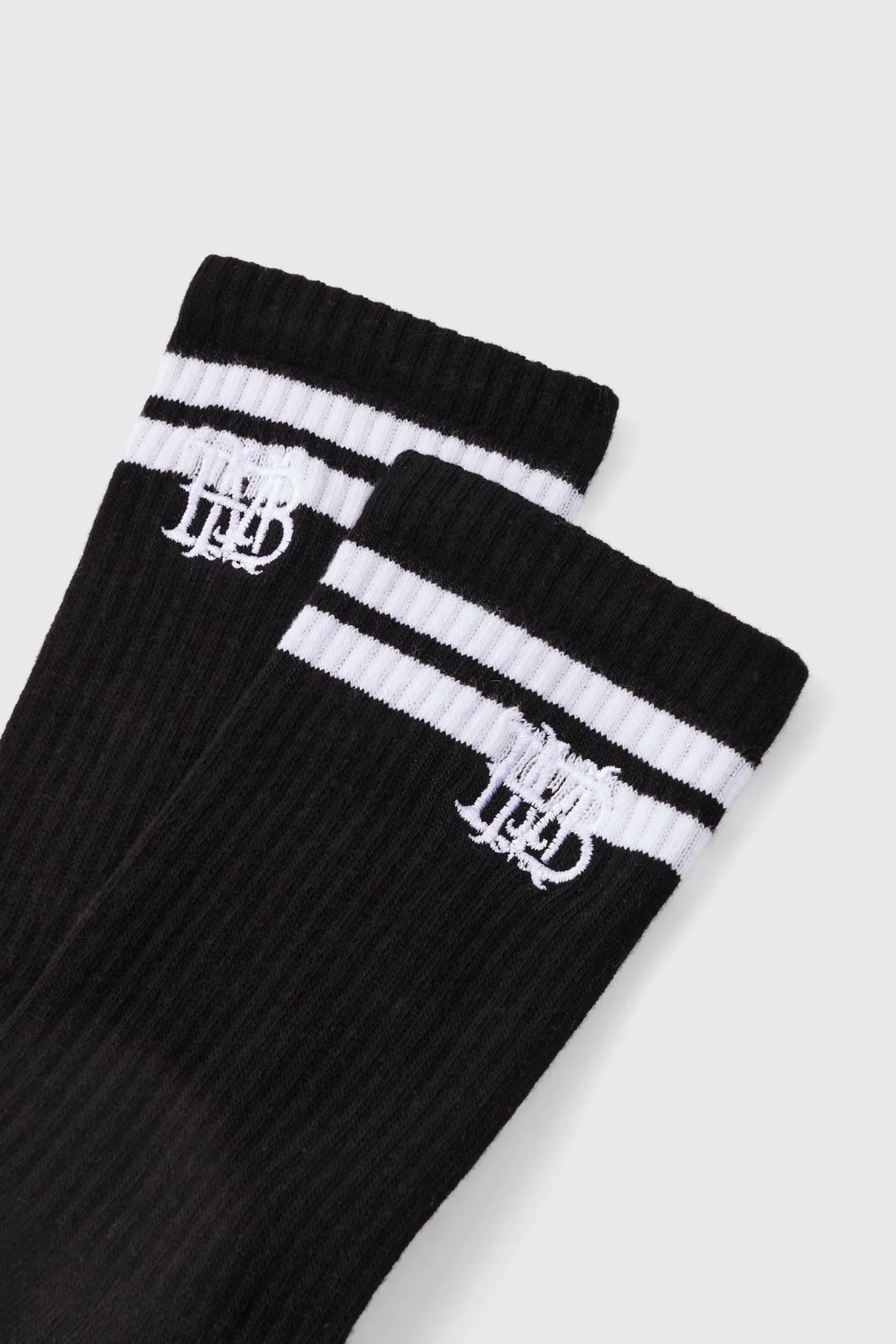 BM Embroidered Half Terry Stripe Socks In Black | BoohooMAN UK