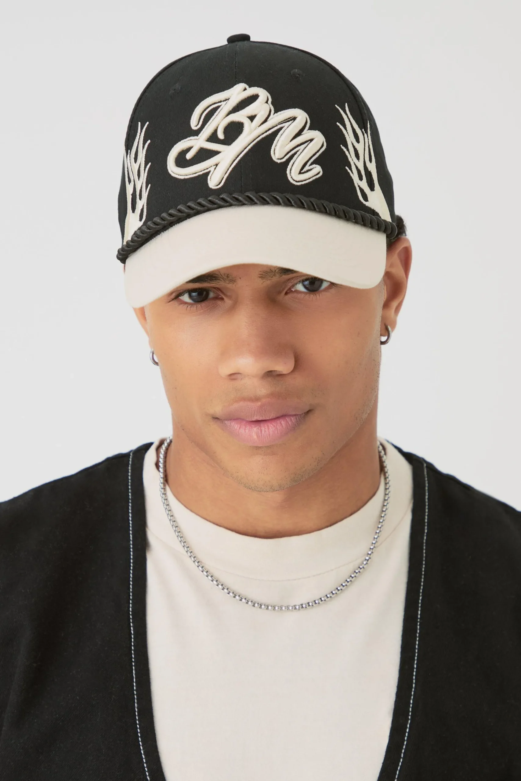 BM Flames Cap In Black | BoohooMAN UK