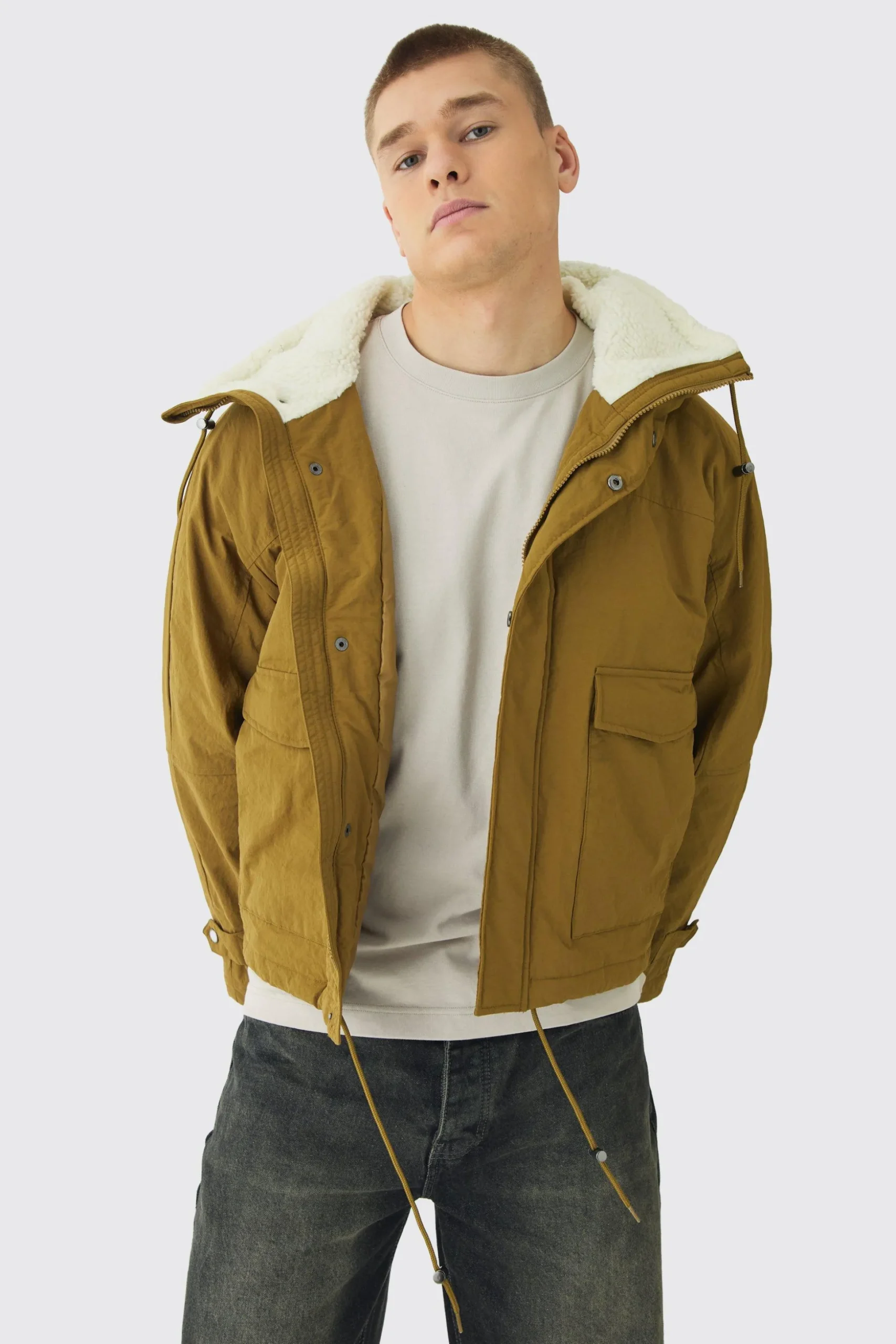Borg Collar Parka In Khaki | BoohooMAN UK