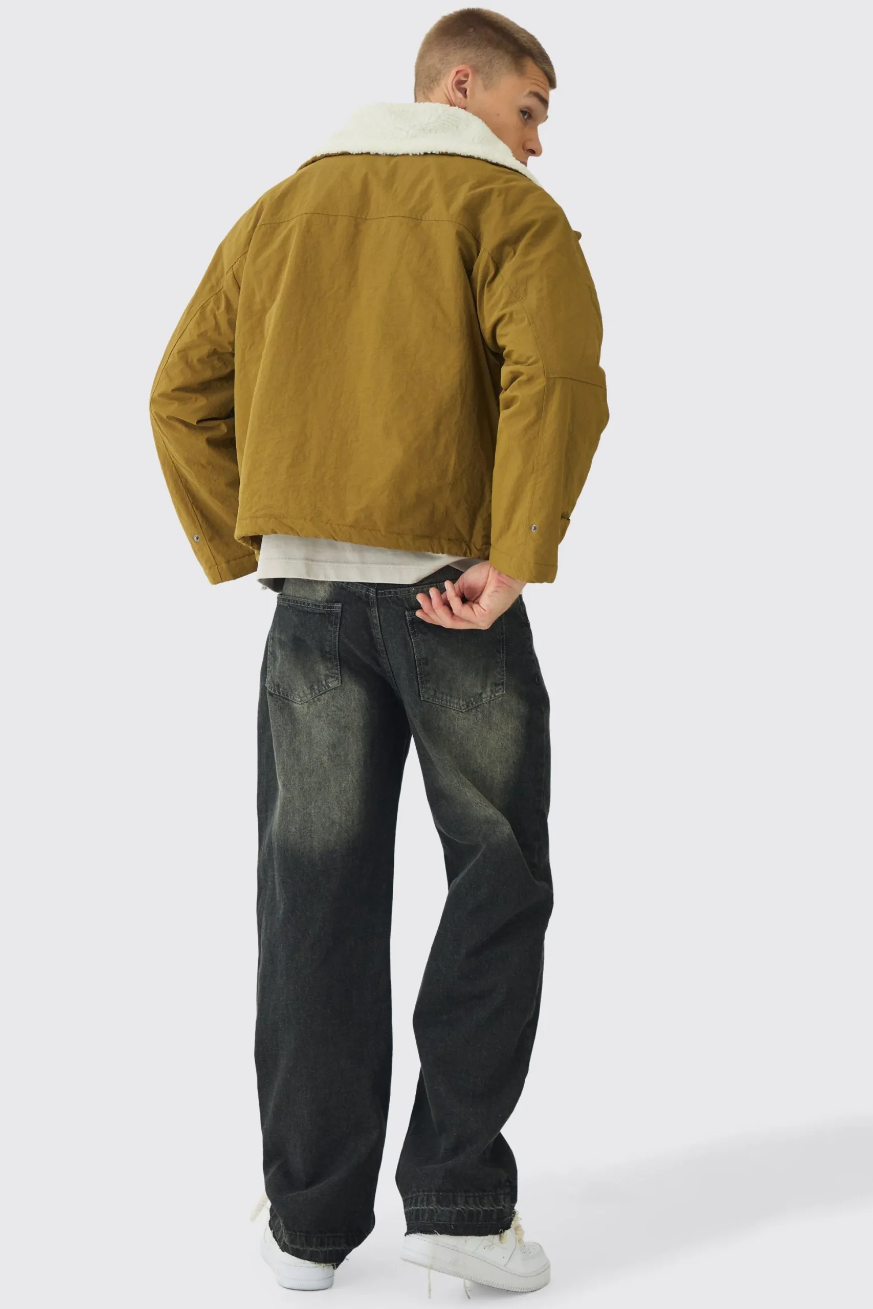 Borg Collar Parka In Khaki | BoohooMAN UK