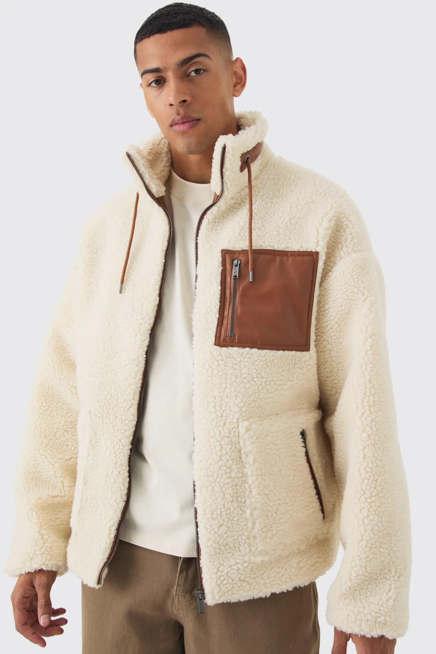 Borg Funnel Neck Pu Pocket Jacket In Ecru | BoohooMAN UK