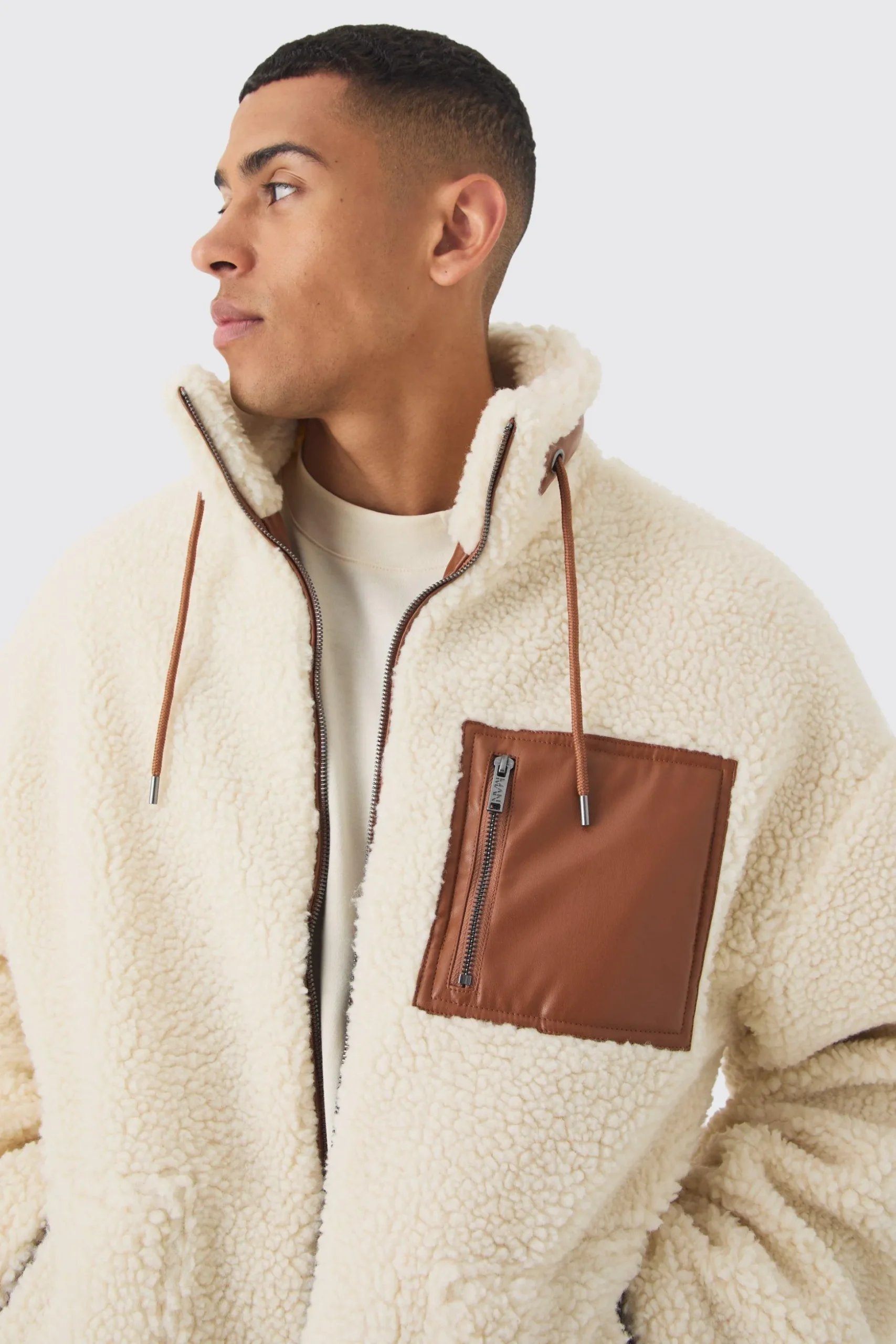 Borg Funnel Neck Pu Pocket Jacket In Ecru | BoohooMAN UK